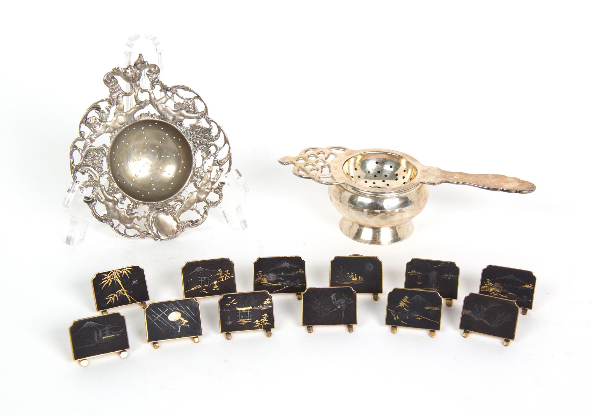 Two Tea Strainers and Twelve Japanese Place Card Holders — 19TH/20TH CENTURY