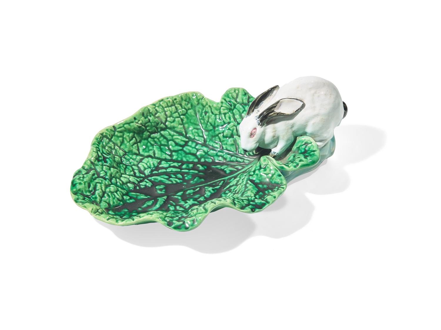 A Mintons Majolica Rabbit and Cabbage Leaf-Form Serving Dish