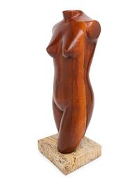A Carved Wood Female Torso on a Travertine Base