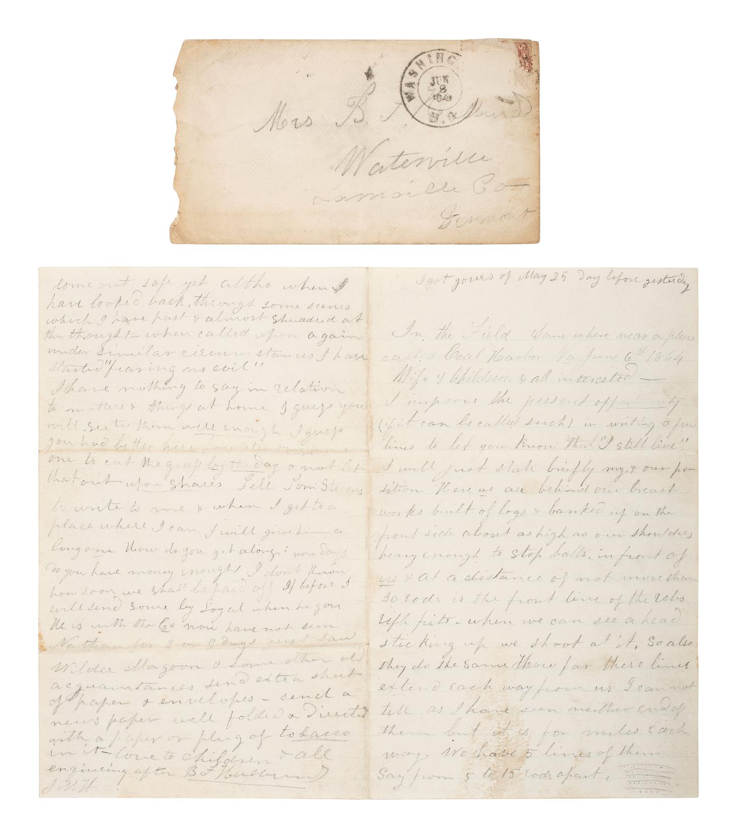 [CIVIL WAR]. A group of letters written in the field from May through September 1864, by Benjamin F. Hulburd, 2nd Vermont Infantry Regiment, part of the famed Vermont Brigade, who would be KIA a month later at Cedar Creek.