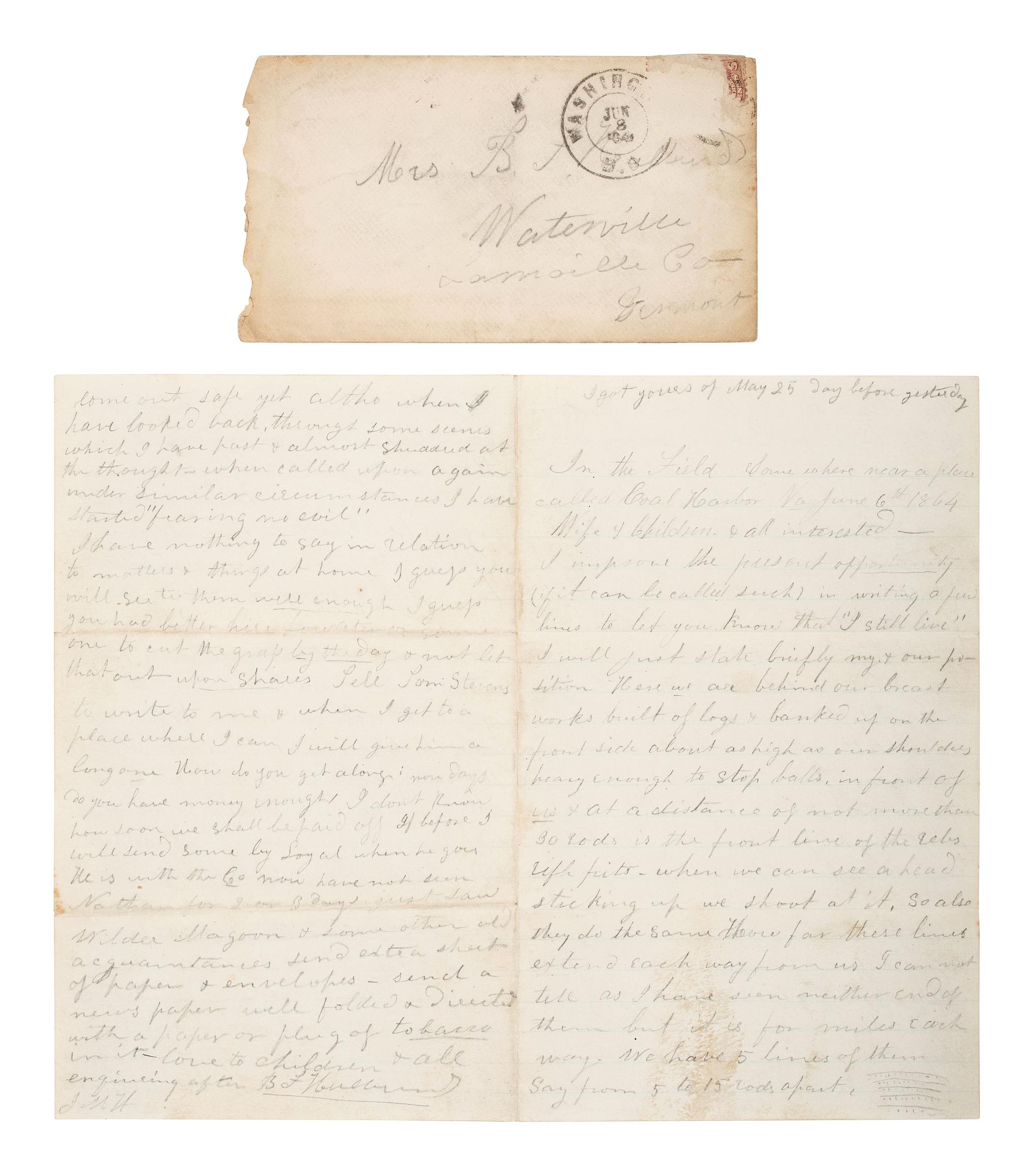 [CIVIL WAR]. A group of letters written in the field from May through September 1864, by Benjamin F. Hulburd, 2nd Vermont Infantry Regiment, part of the famed Vermont Brigade, who would be KIA a month later at Cedar Creek.