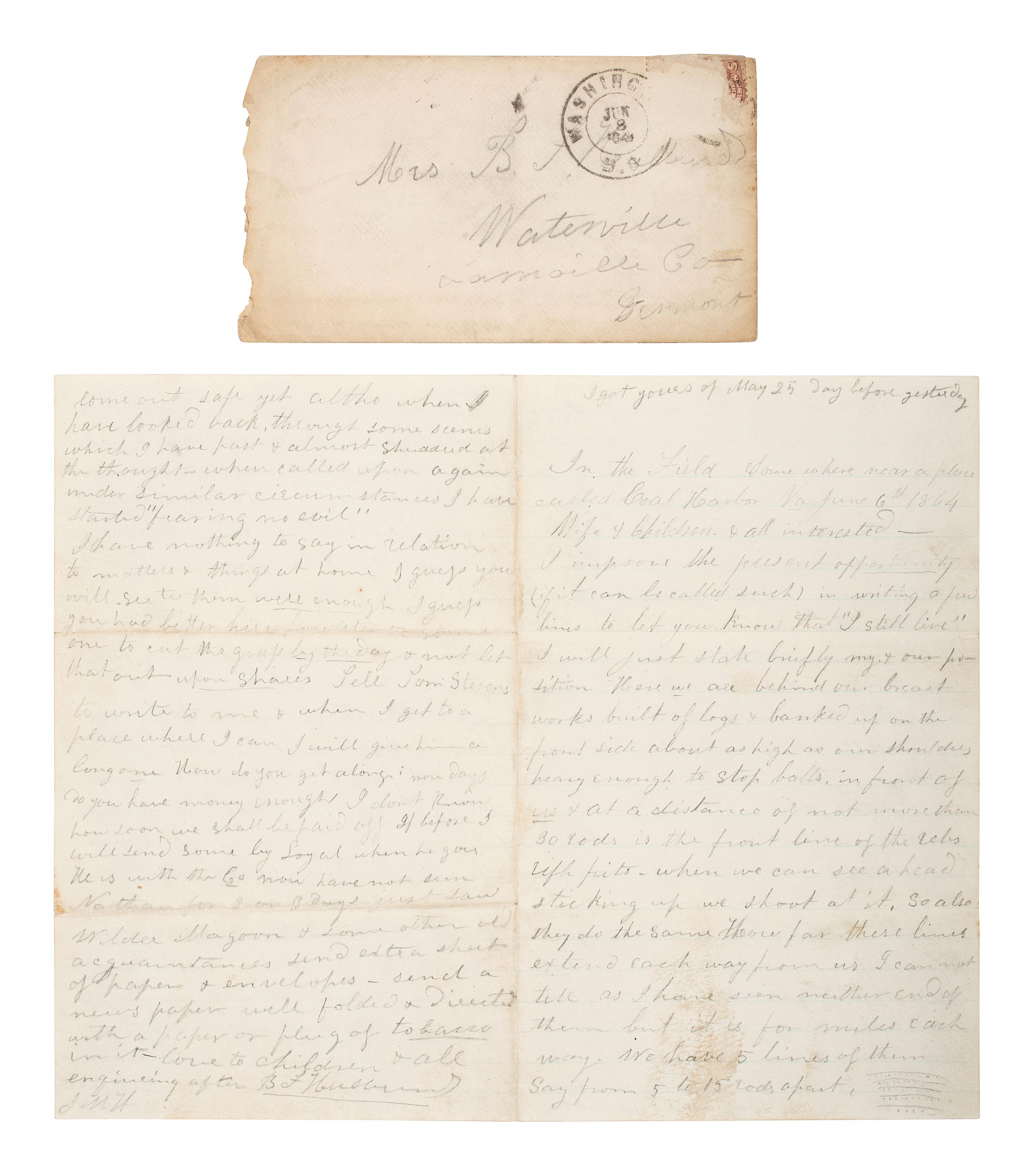[CIVIL WAR]. A group of letters written in the field from May through September 1864, by Benjamin F. Hulburd, 2nd Vermont Infantry Regiment, part of the famed Vermont Brigade, who would be KIA a month later at Cedar Creek.