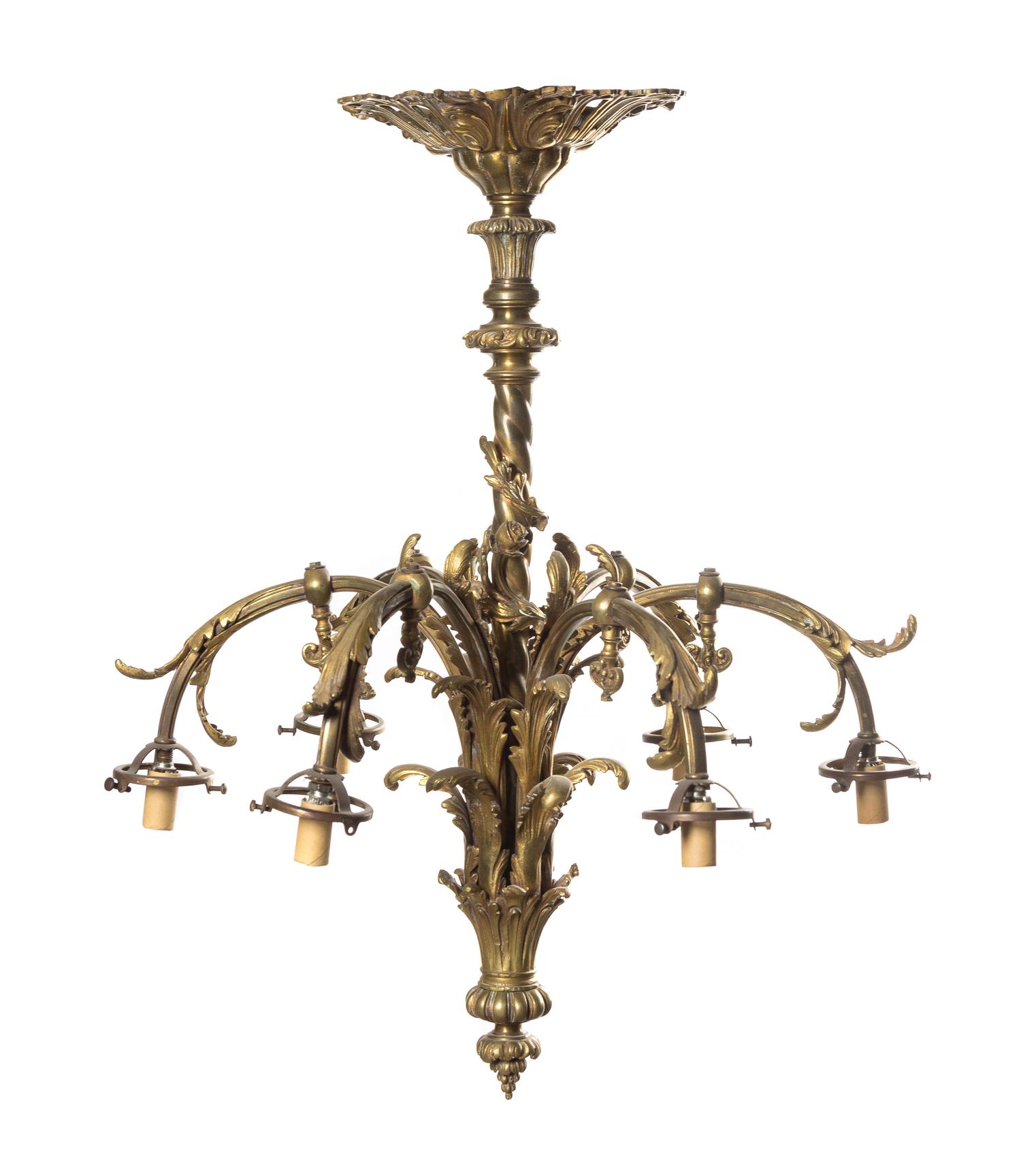 A Louis XV Style Gilt Bronze Six-Light Chandelier, Height 25 x diameter 22 inches.