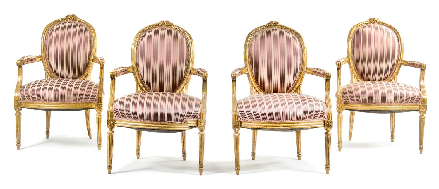 A Set of Four Louis XVI Giltwood Fauteuils Height 34 inches. — CIRCA 1780