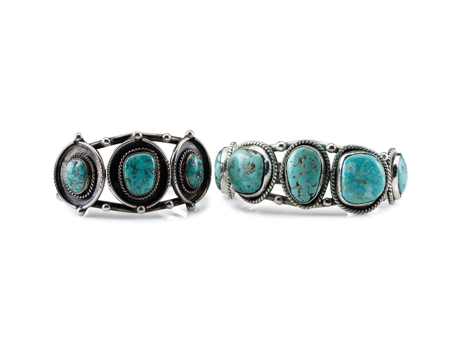 Navajo Silver Wire Cuff Bracelets, with a Row of Turquoise
