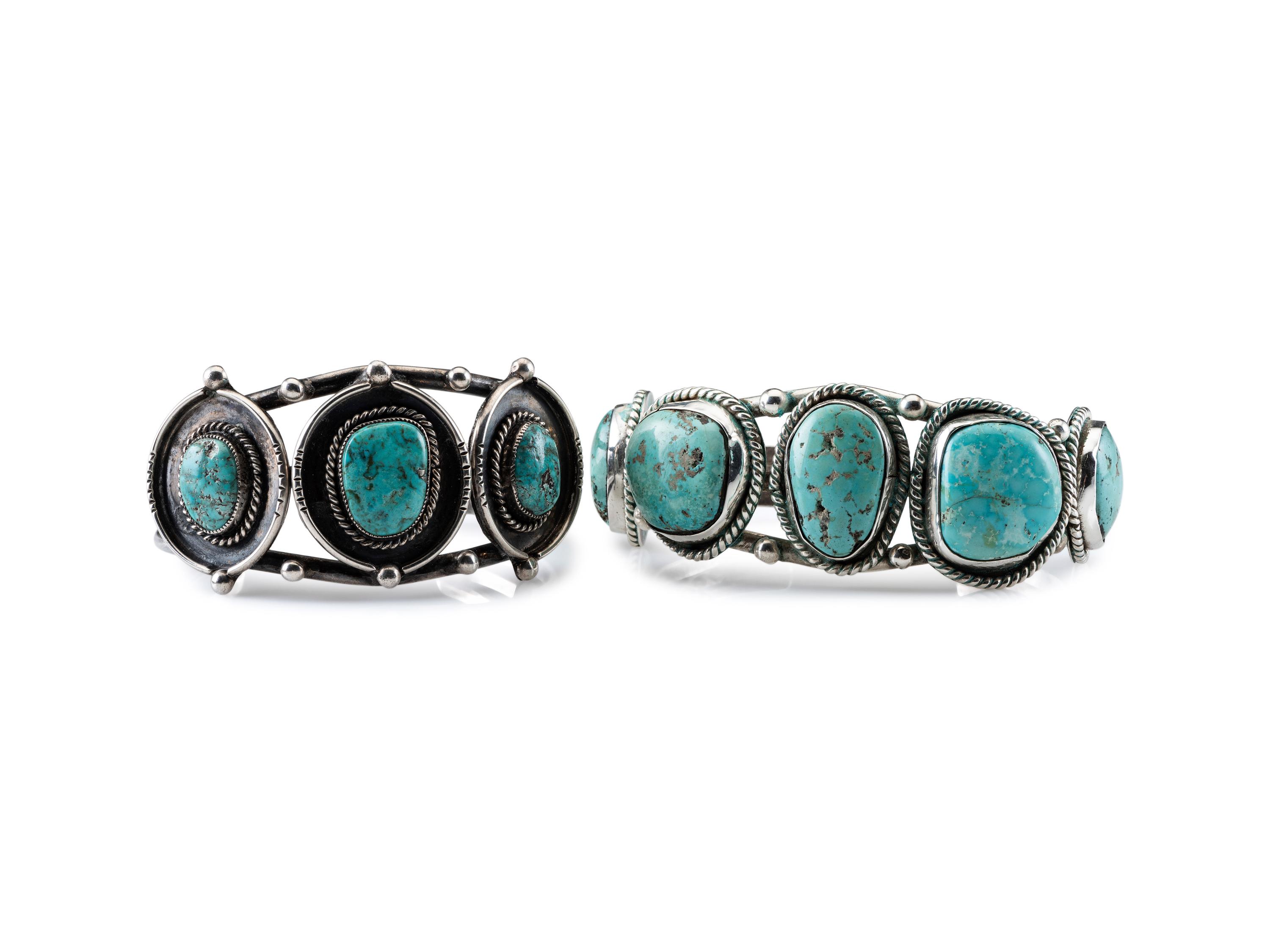 Navajo Silver Wire Cuff Bracelets, with a Row of Turquoise
