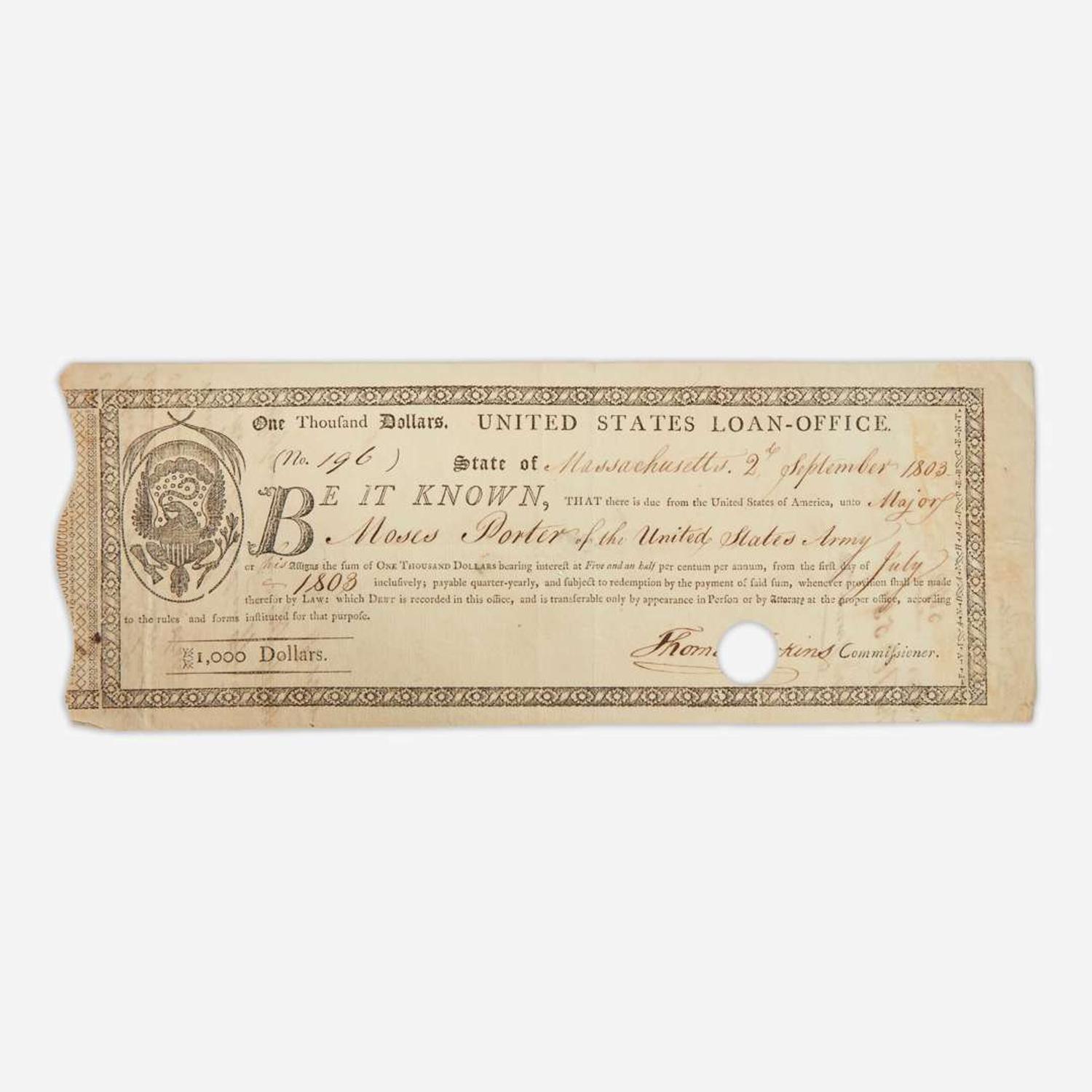 [American Revolution] [Porter, Moses] Partially-printed United States Loan-Office Certificate