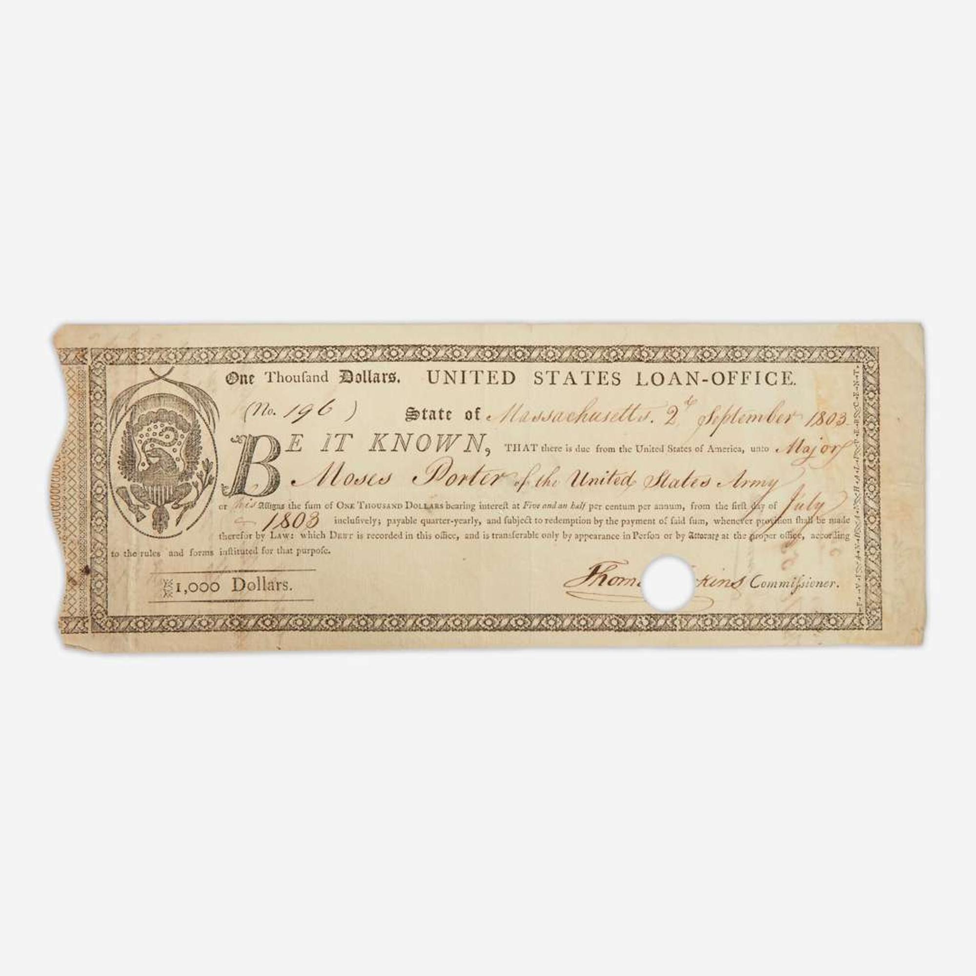 [American Revolution] [Porter, Moses] Partially-printed United States Loan-Office Certificate