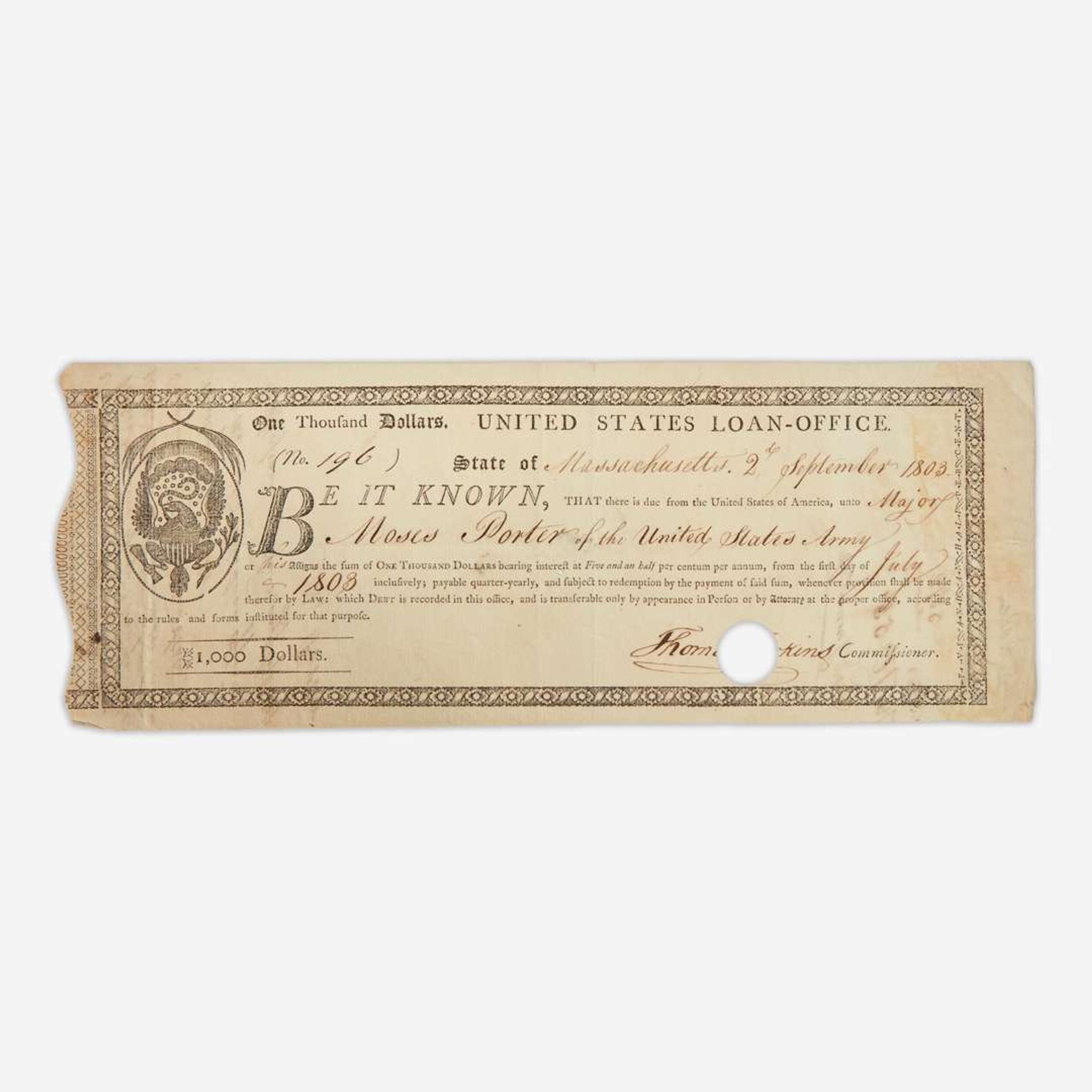 [American Revolution] [Porter, Moses] Partially-printed United States Loan-Office Certificate