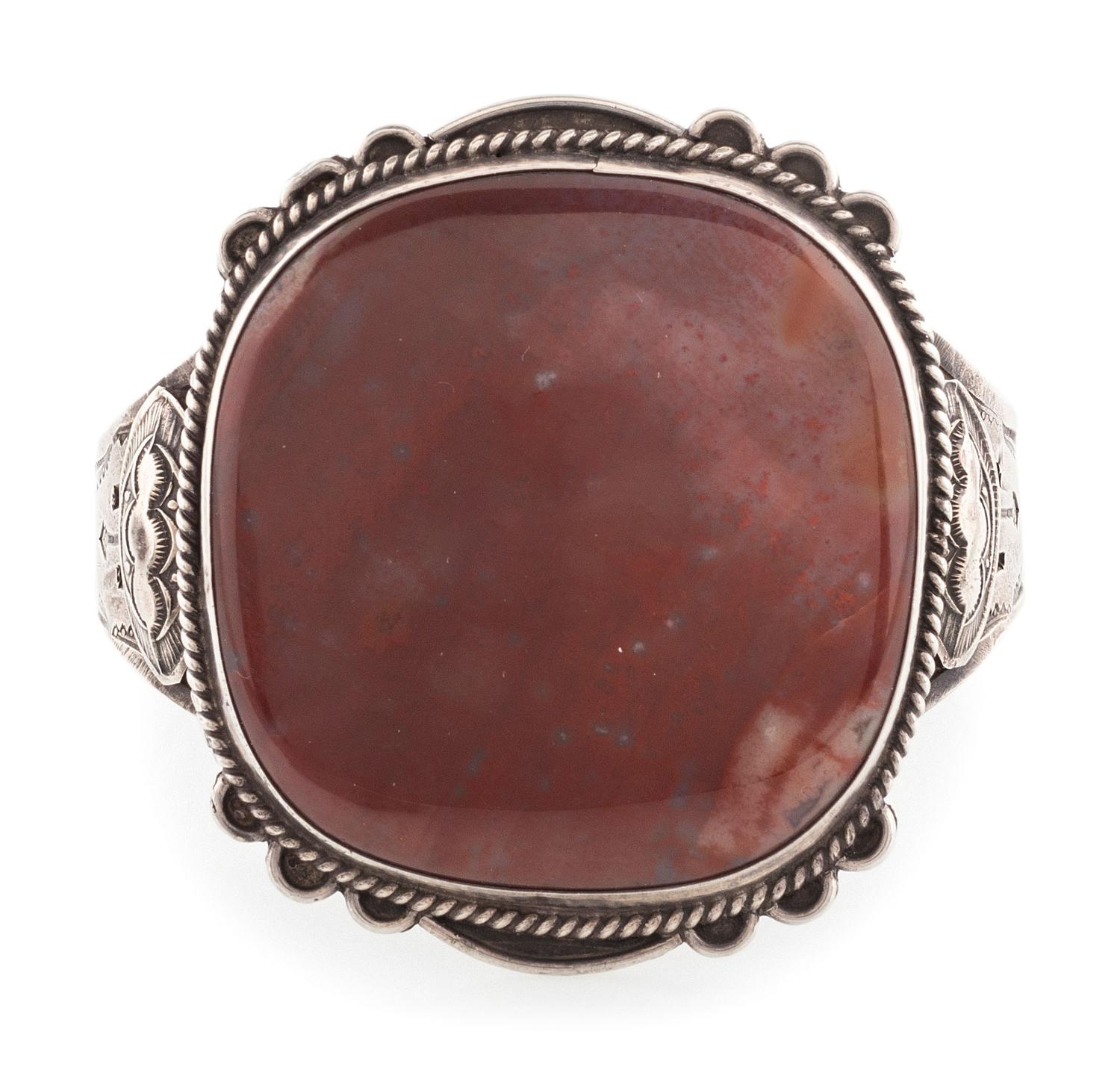 Fred Harvey Era Navajo Stamped Silver Cuff Bracelet, with Petrified Wood Cabochon