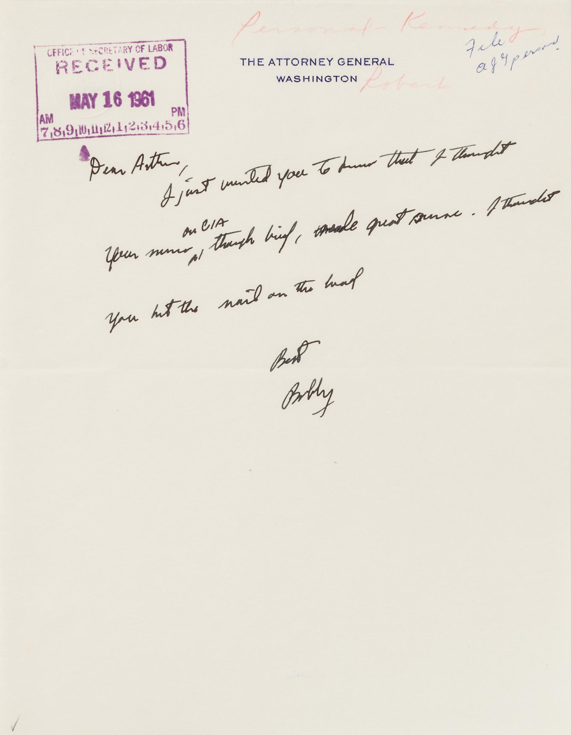 KENNEDY, Robert Francis (1925-1968). Autograph letter signed ("Bobby"), as Attorney General to the Secretary of Labor, Arthur J. Goldbe