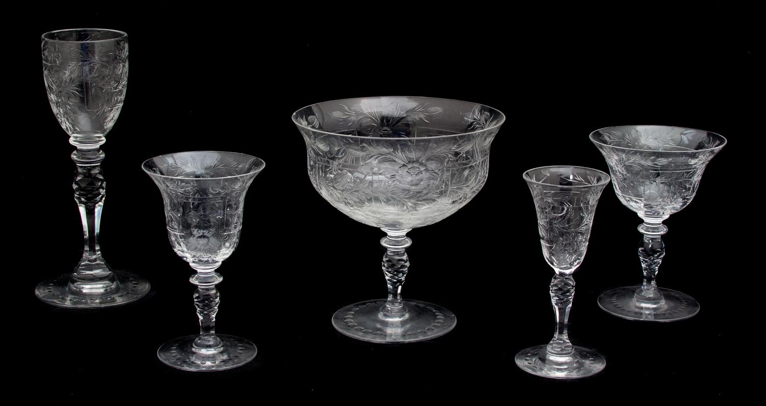 A Collection of Hawkes Crystal Wheel Cut Stemware Height of tallest 7 3/8 inches.