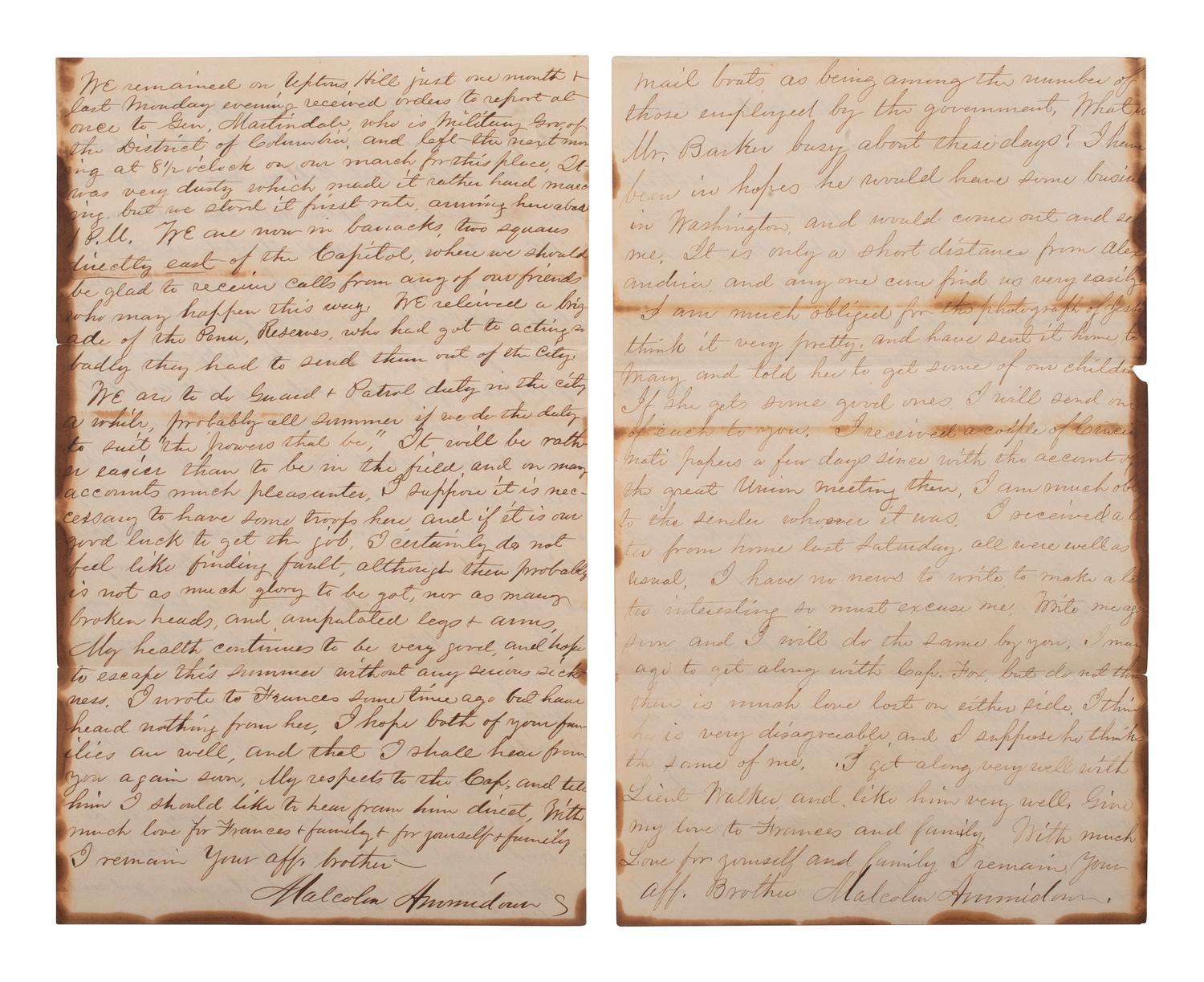 [CIVIL WAR]. A group of 4 letters written by Lieutenant Malcom Ammidon, Companies H & C, 34th Massachusetts, with Lincoln and slavery content.
