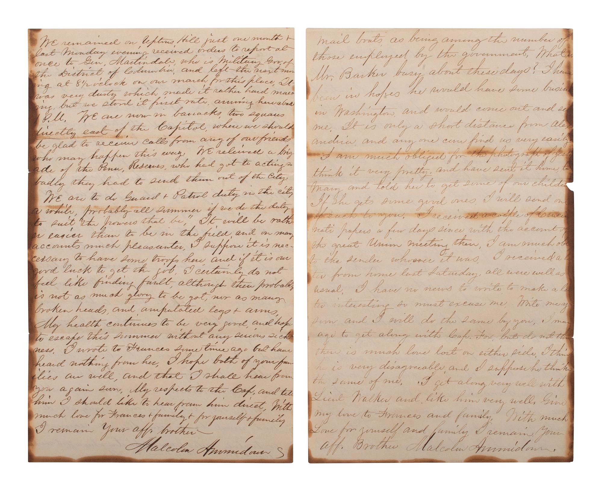 [CIVIL WAR]. A group of 4 letters written by Lieutenant Malcom Ammidon, Companies H & C, 34th Massachusetts, with Lincoln and slavery content.