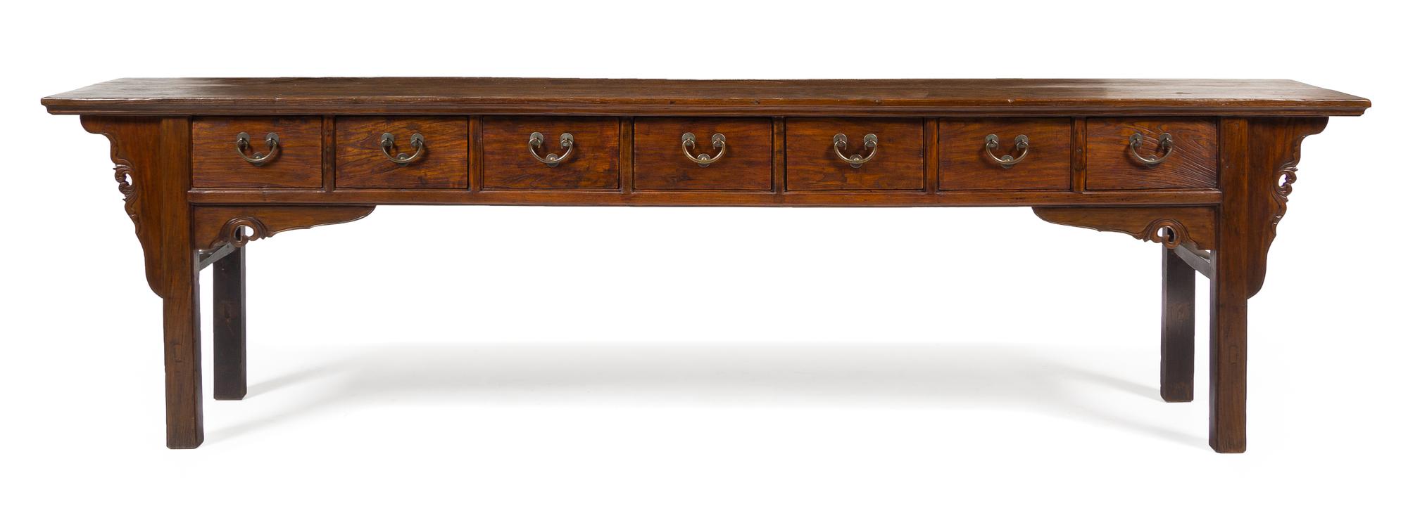 A Large Chinese Elmwood Scholar's Table, Shuzhuo Heioght 34 x width 124 x depth 17 1/2 inches. — QING DYNASTY (1644-1911)