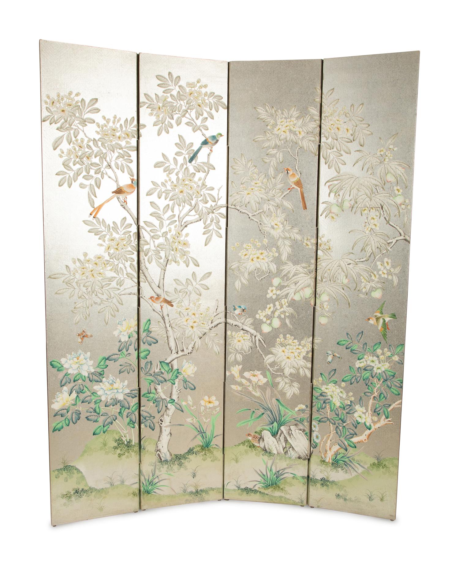 A Four-Panel Floor Screen with Silvered Wallpaper