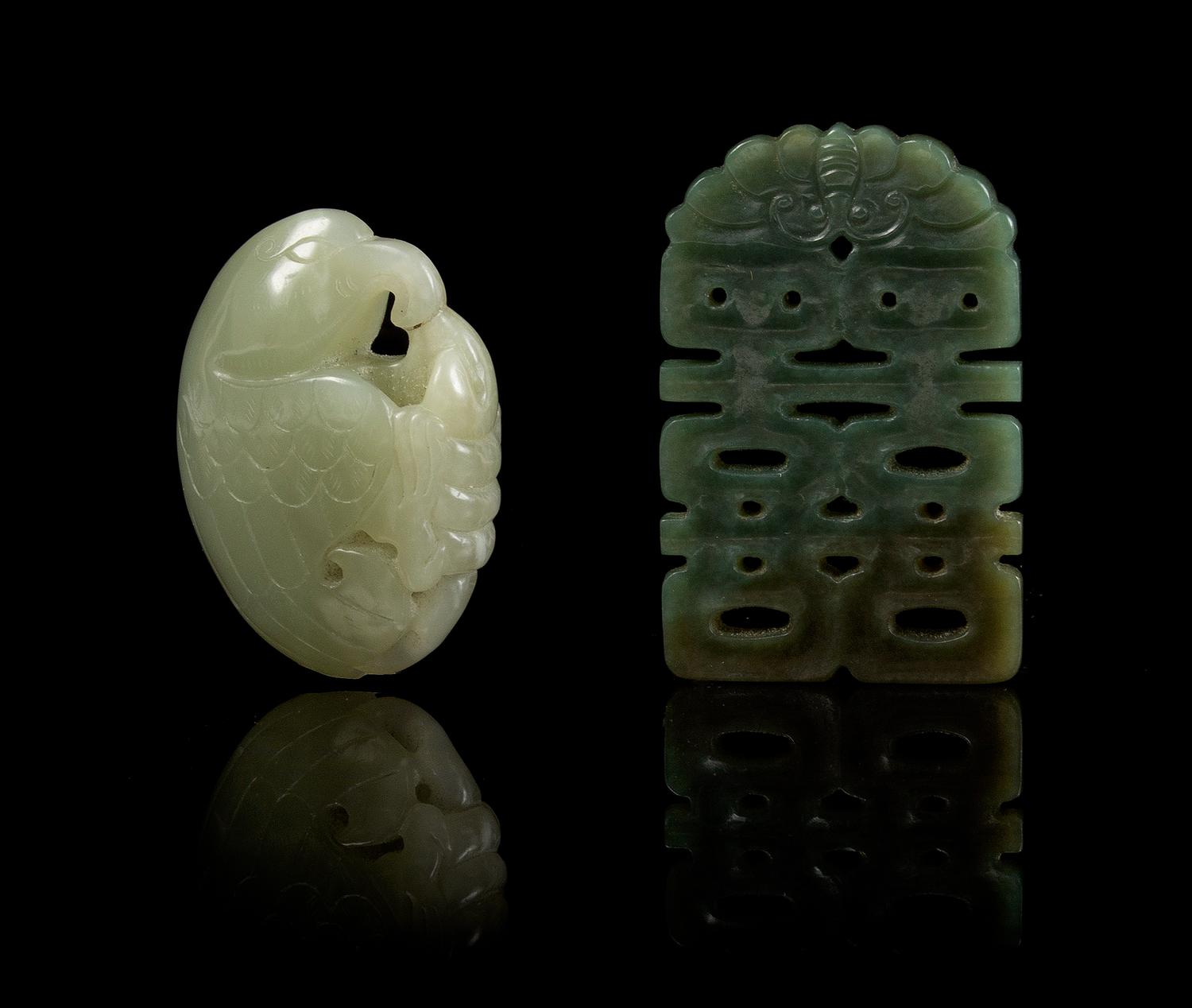 Two Carved Jade Pendants Length of first 2 3/8 inches.