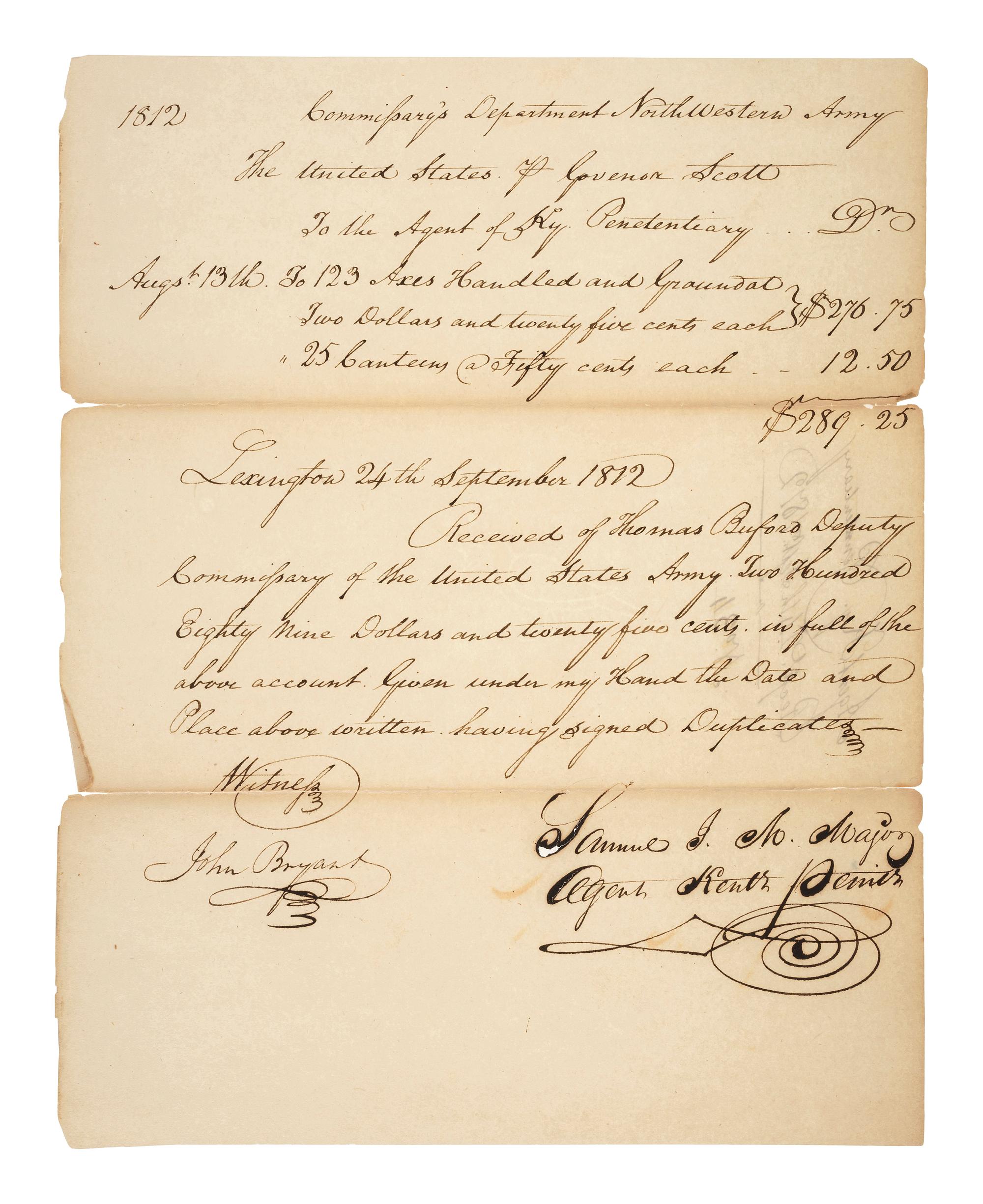 [KENTUCKY]. Receipt indicating payment from the Commissary's Department Northwestern Army to the Agent of the Kentucky Penitentiary, 1812.