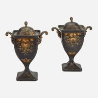 A Pair of Regency Tôle Peinte Covered Chestnut Urns 19th century