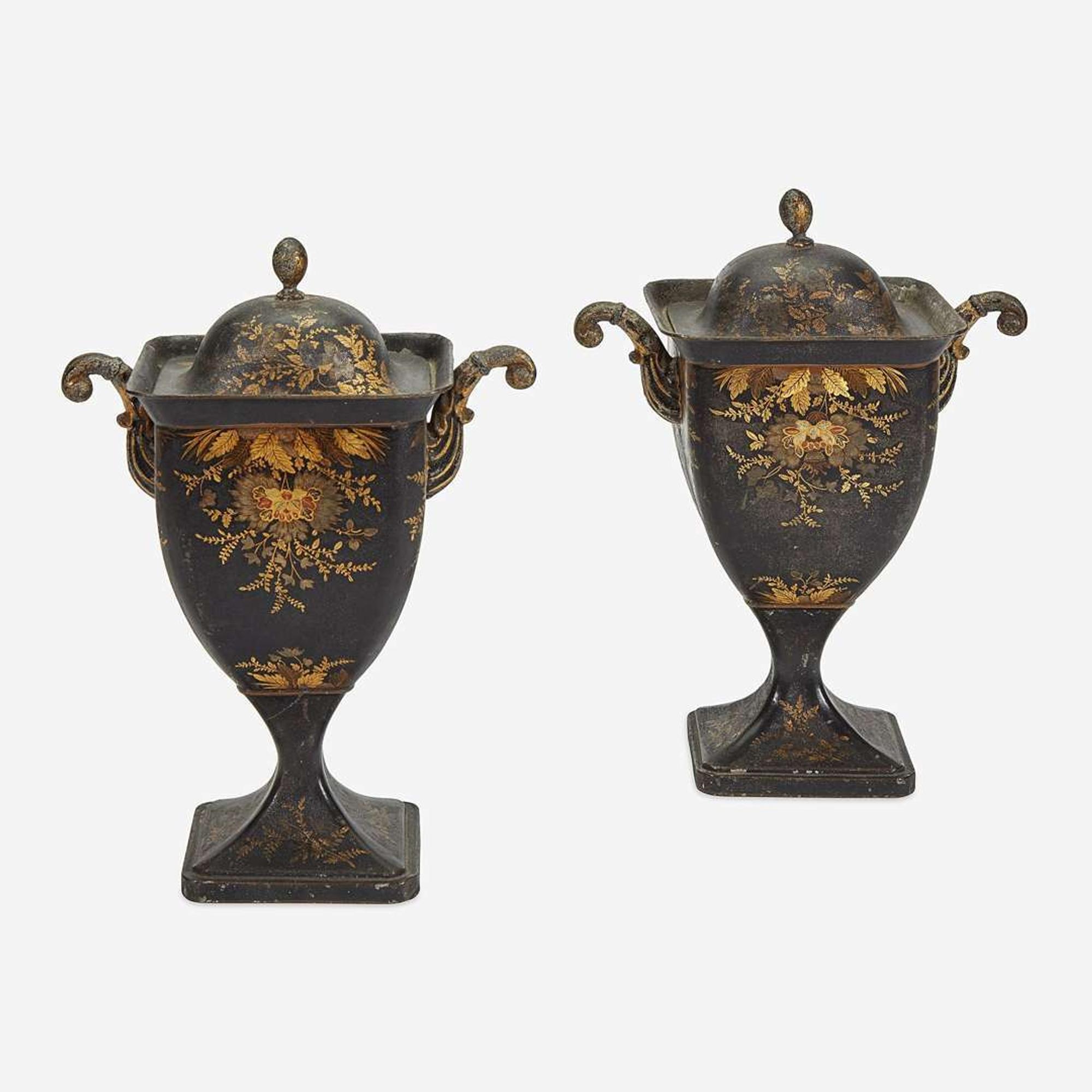 A Pair of Regency Tôle Peinte Covered Chestnut Urns 19th century