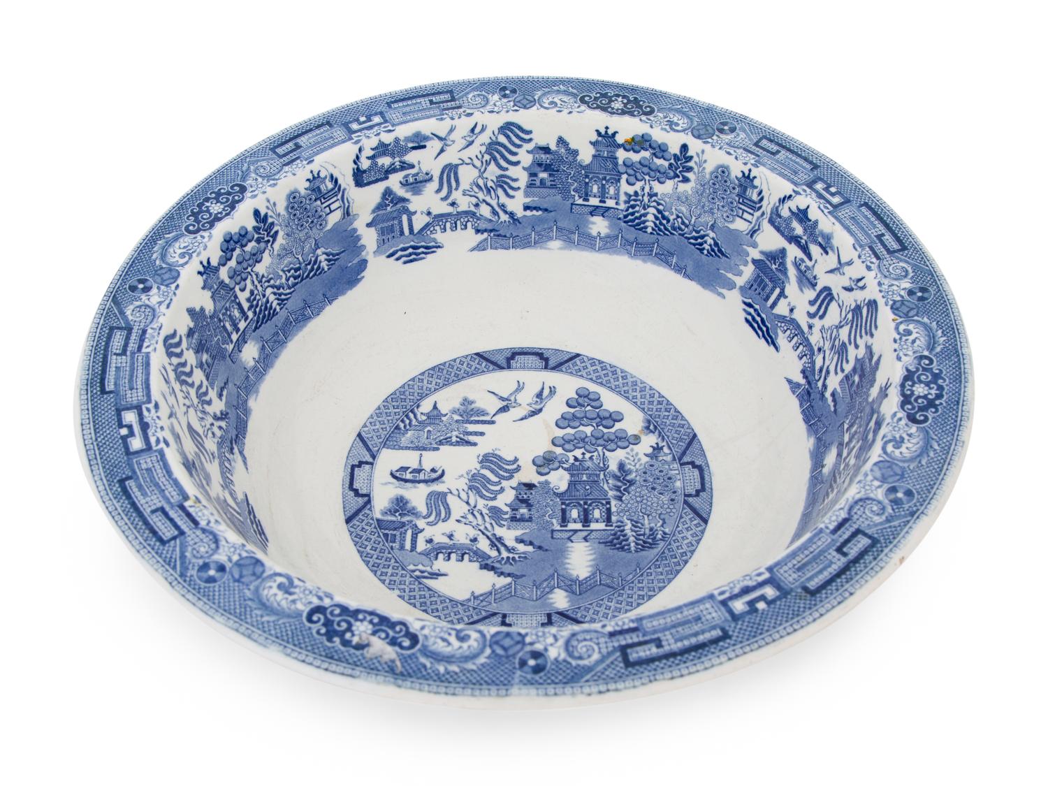 A Large English Blue and White Transfer Decorated Porcelain Basin