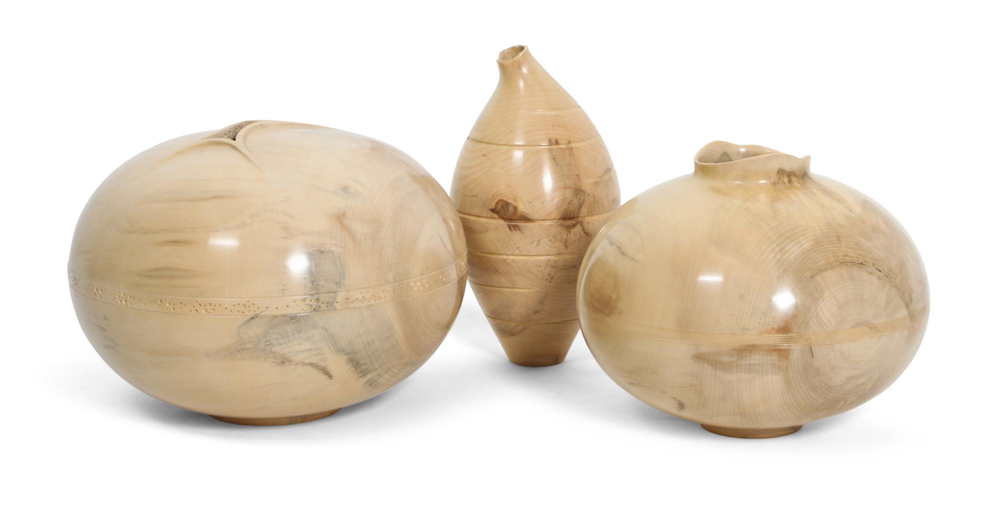 Three Turned Aspen Wood Vessels, Robert Gray (b. 1943) Height of largest 10 x diameter 14 inches.