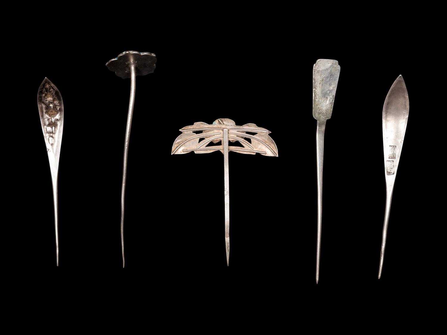 Five Chinese Enamel on Silver Hairpins