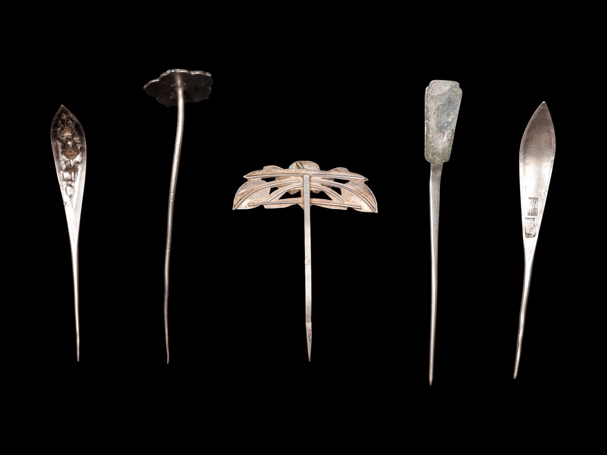 Five Chinese Enamel on Silver Hairpins