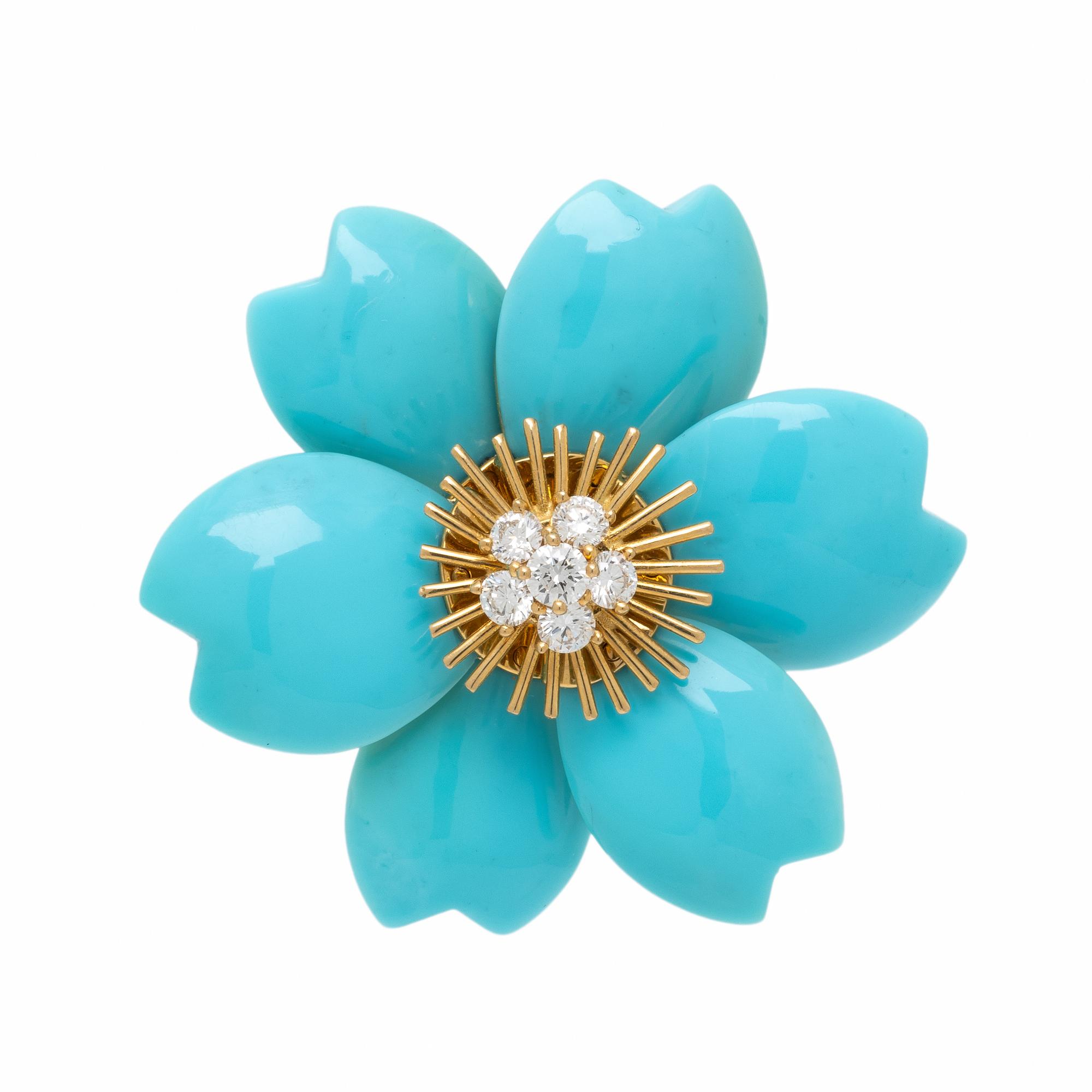 Van Cleef & Arpels, 'Rose de Noël", Turquoise, Diamond, and Yellow Gold Brooch