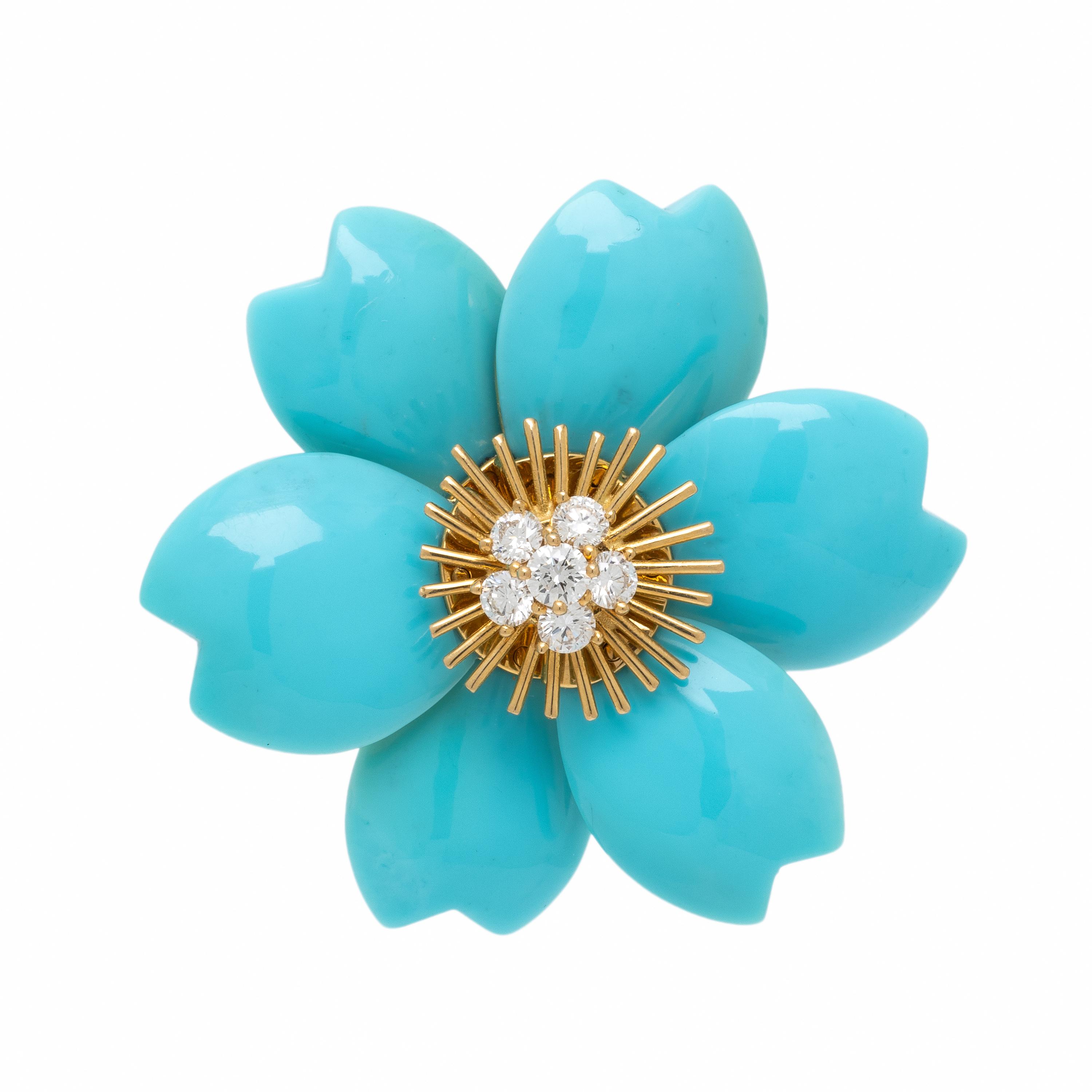 Van Cleef & Arpels, 'Rose de Noël", Turquoise, Diamond, and Yellow Gold Brooch