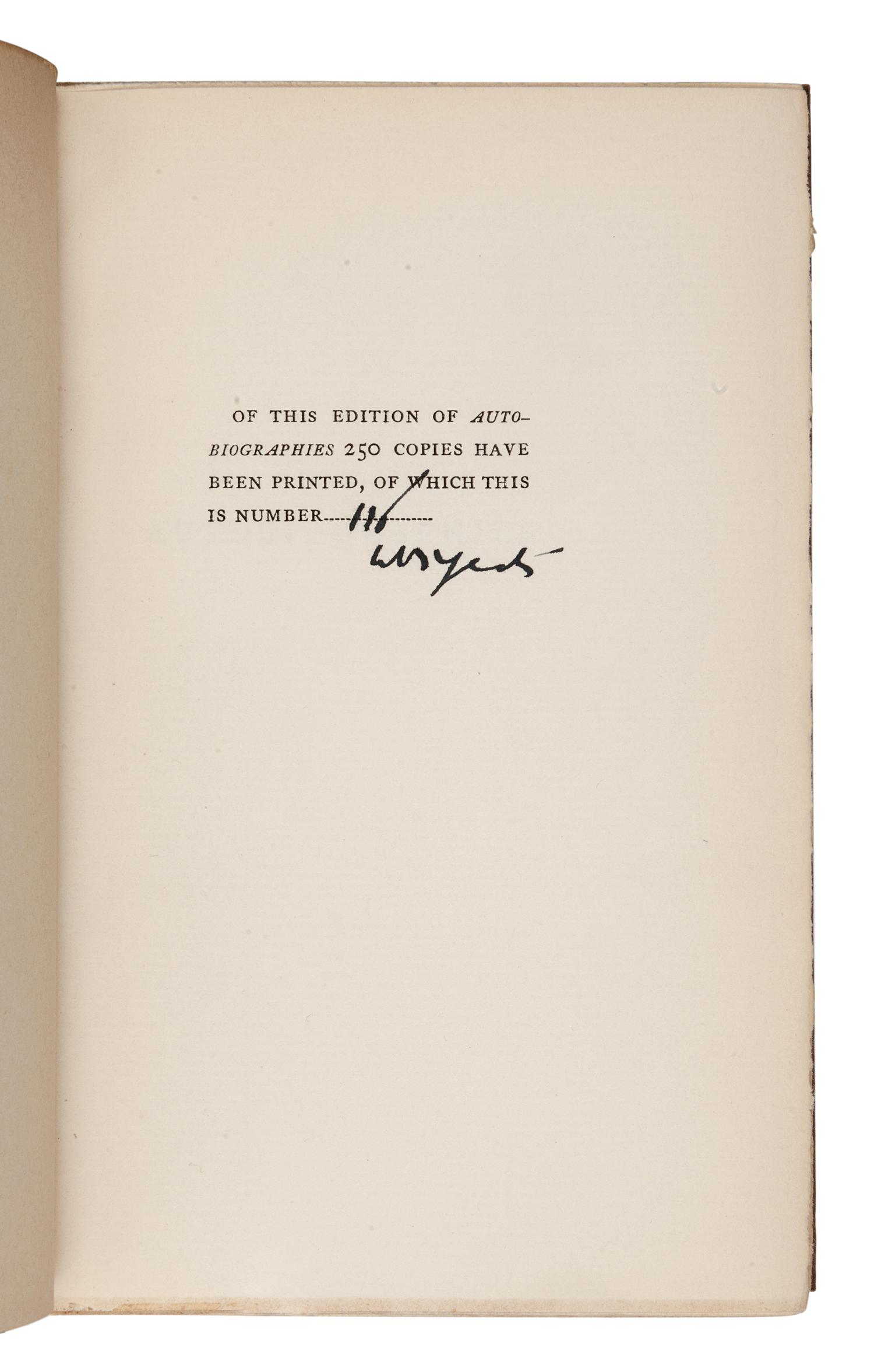 YEATS, William Butler, (1865-1939). Autobiographies. Reveries Over Childhood and Youth and the Trembling of the Veil . New York: The Macmillan Company, 1927.
