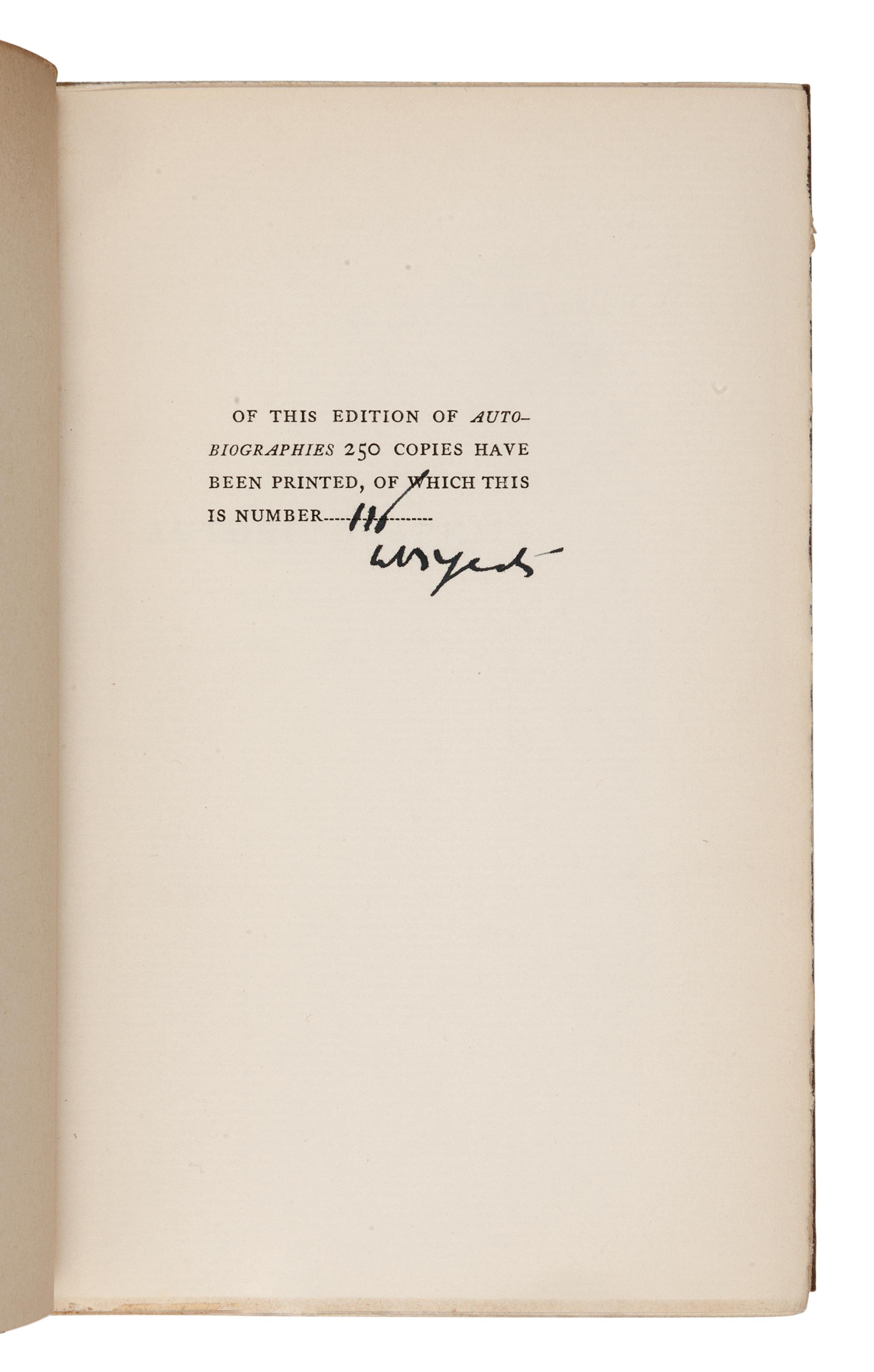 YEATS, William Butler, (1865-1939). Autobiographies. Reveries Over Childhood and Youth and the Trembling of the Veil . New York: The Macmillan Company, 1927.