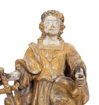 A Near Pair of Italian Carved Wood Figural Two-Light Sconces with Iron Mounts