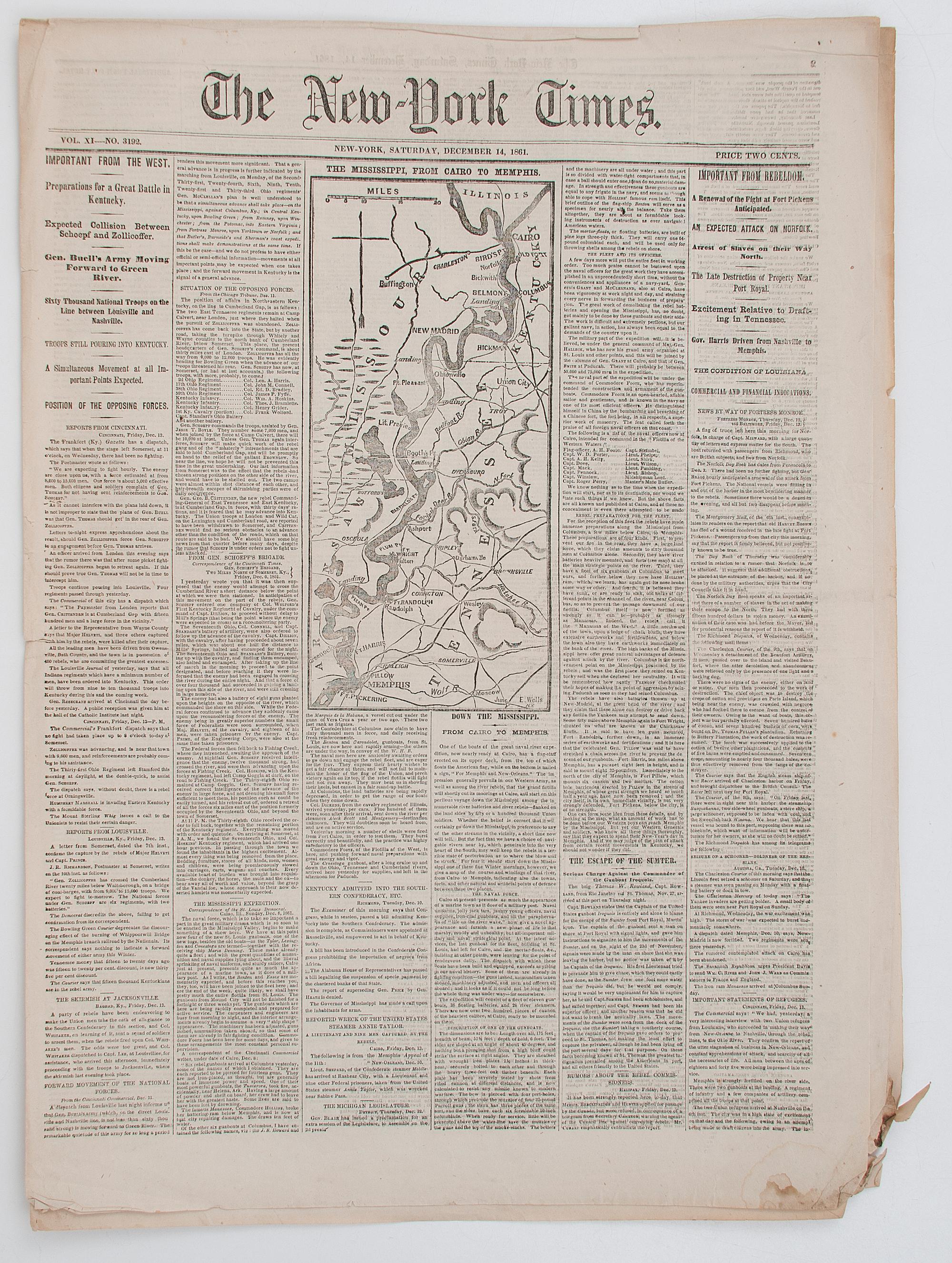 [CIVIL WAR]. A group of 7 newspapers from 1861, incl. pre-war and homefront news, featuring New York Times commentary on evolving CSA government.