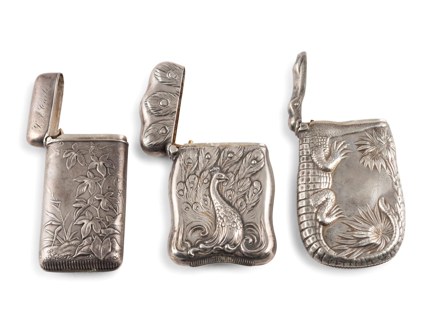 Three Silver Match Safes with Alligator, Peacock and Stag Motifs