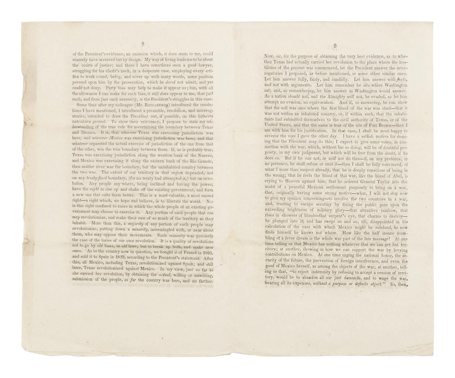 LINCOLN, Abraham (1809-1865). Speech of Mr. Lincoln, of Illinois, on the Reference of the President's Message, in the House of Representatives... January 14, 1848 . Washington, D.C.: J & G.S. Gideon, 1848.