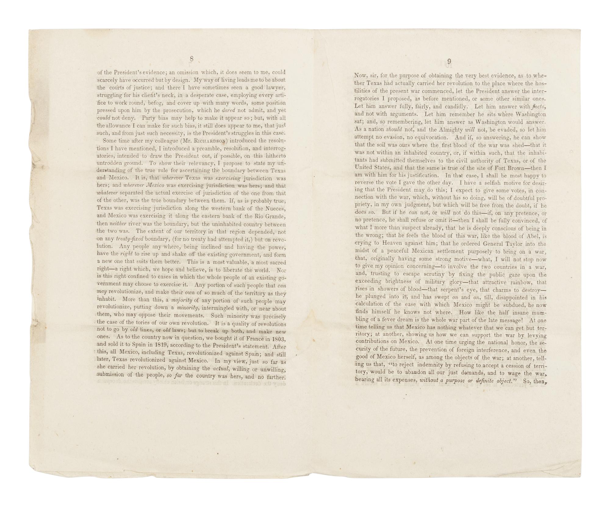 LINCOLN, Abraham (1809-1865). Speech of Mr. Lincoln, of Illinois, on the Reference of the President's Message, in the House of Representatives... January 14, 1848 . Washington, D.C.: J & G.S. Gideon, 1848.