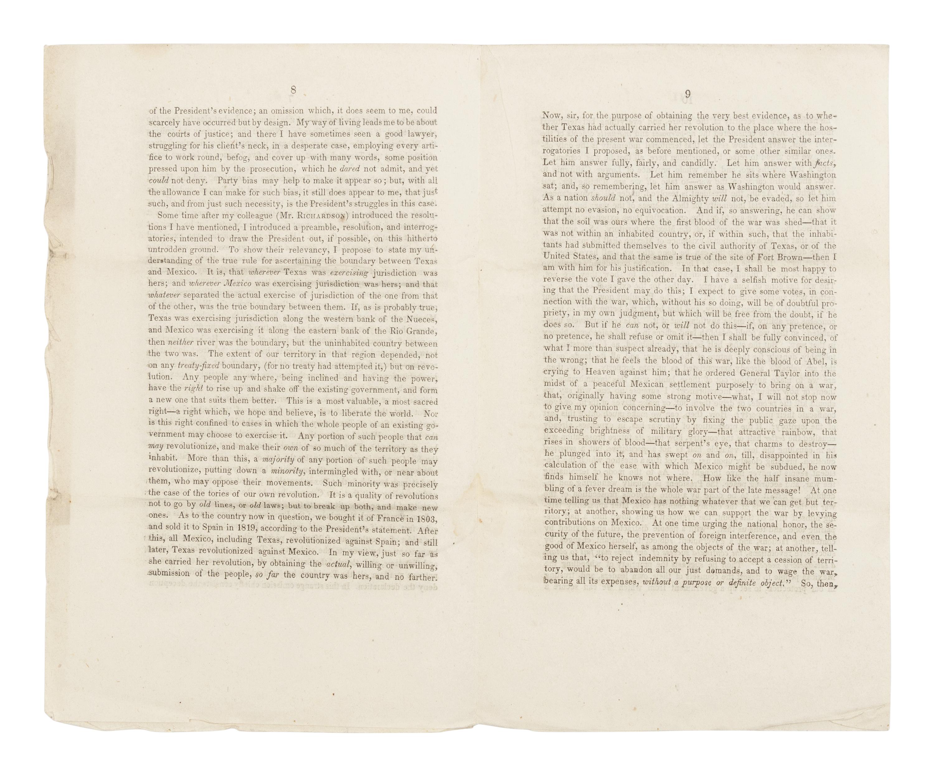 LINCOLN, Abraham (1809-1865). Speech of Mr. Lincoln, of Illinois, on the Reference of the President's Message, in the House of Representatives... January 14, 1848 . Washington, D.C.: J & G.S. Gideon, 1848.