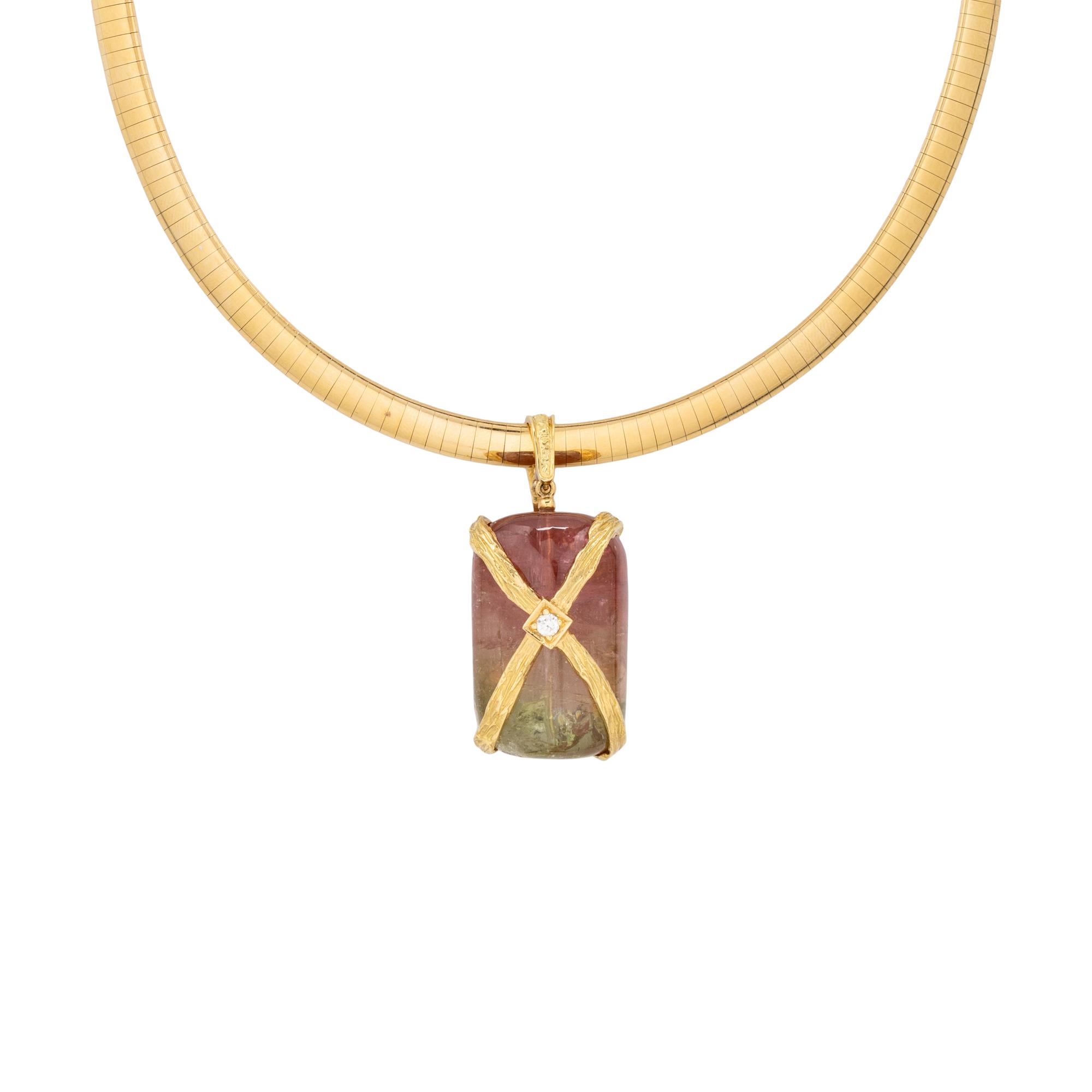 YELLOW GOLD AND WATERMELON TOURMALINE PENDANT NECKLACE