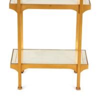 A Pair of Mid-Century Gilt Metal Etageres with Parcel Gilt Decorated Glass Shelves — Mid-20th Century