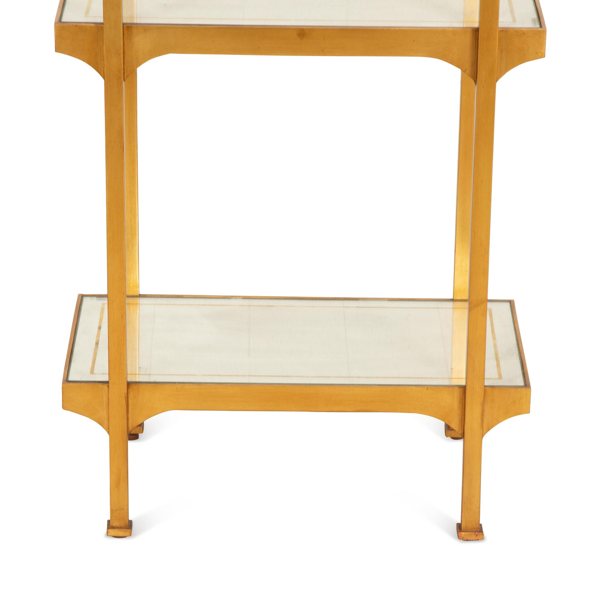 A Pair of Mid-Century Gilt Metal Etageres with Parcel Gilt Decorated Glass Shelves — Mid-20th Century