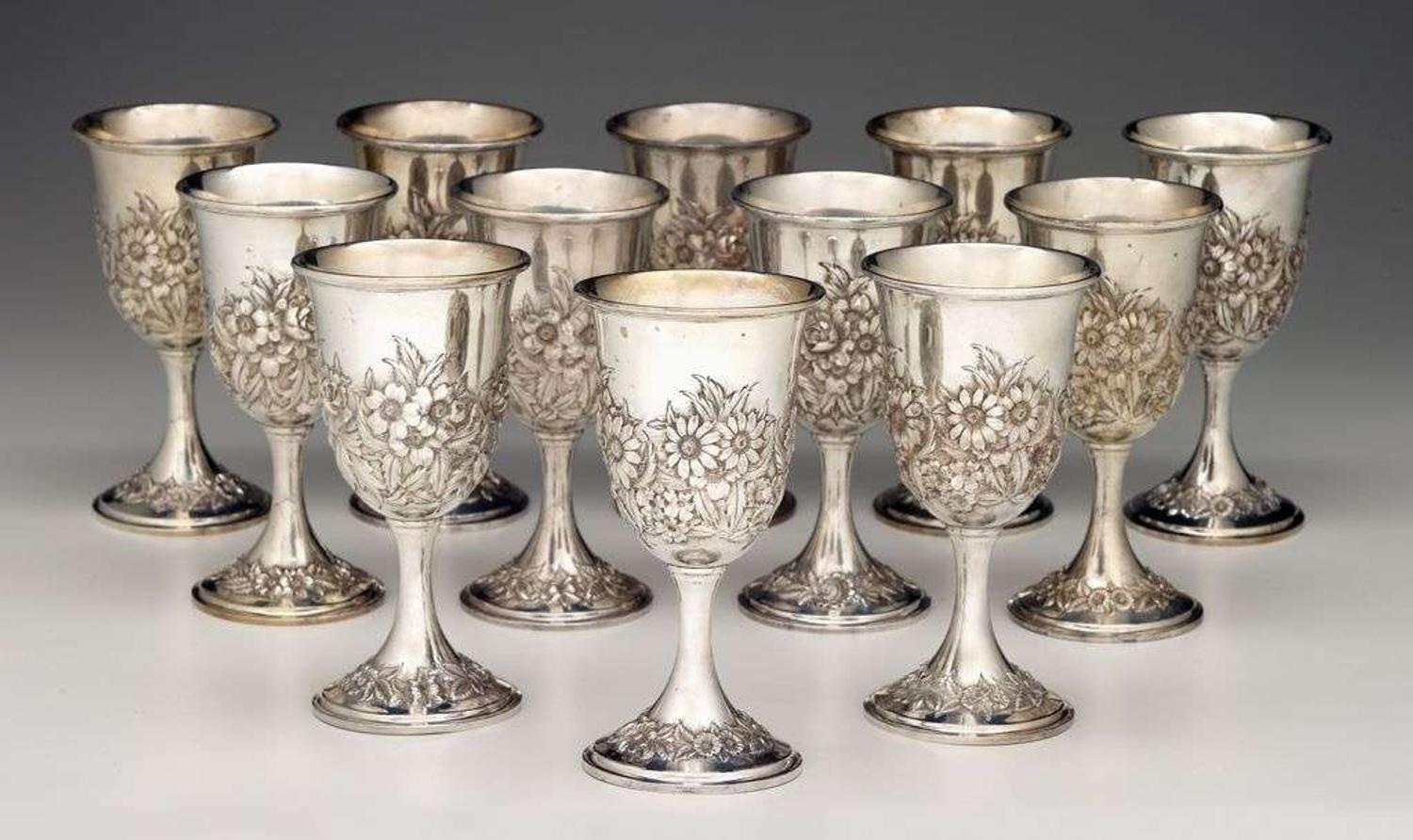 Twelve sterling silver repoussé goblets s. kirk & son, baltimore, md, 19th/20th century