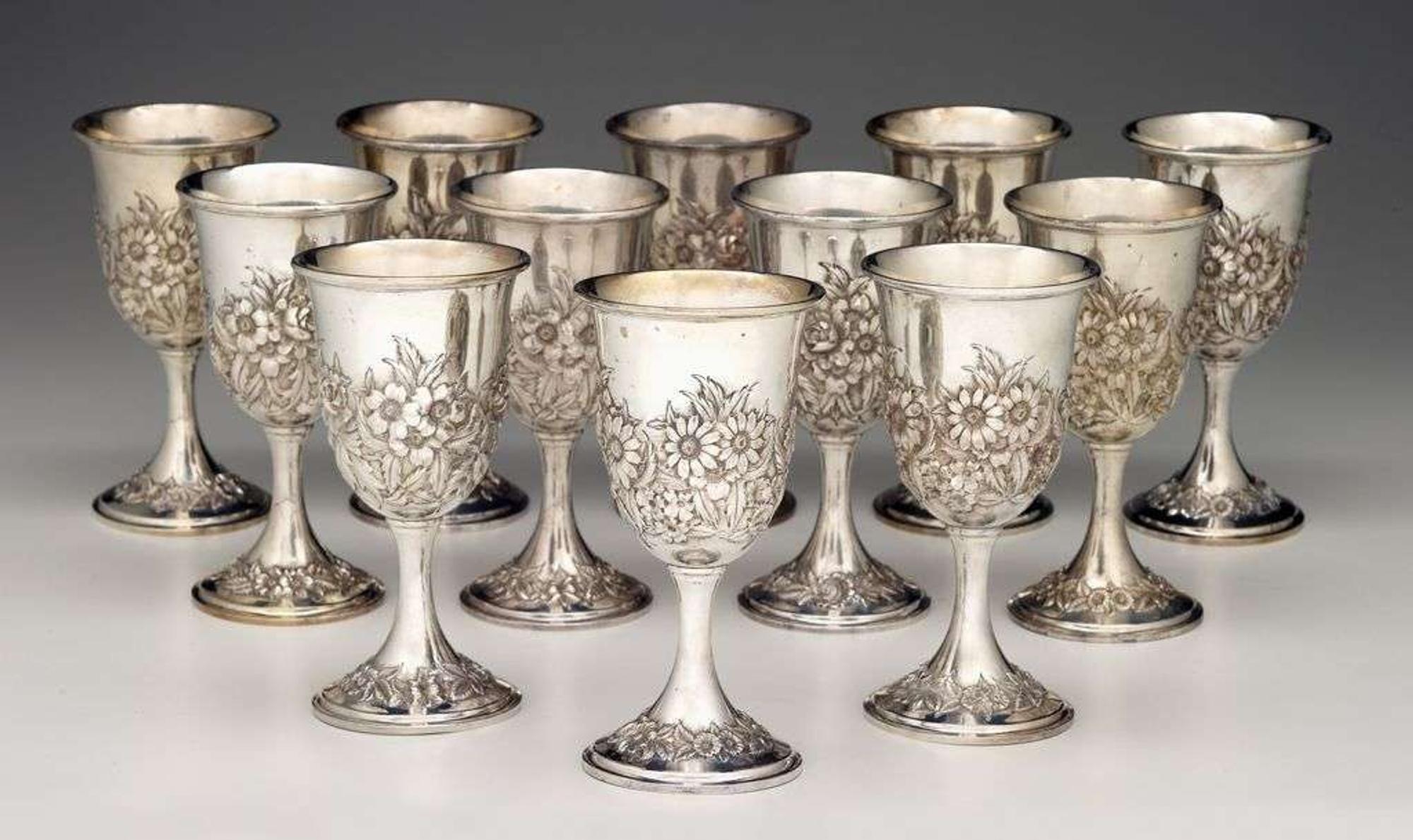 Twelve sterling silver repoussé goblets s. kirk & son, baltimore, md, 19th/20th century