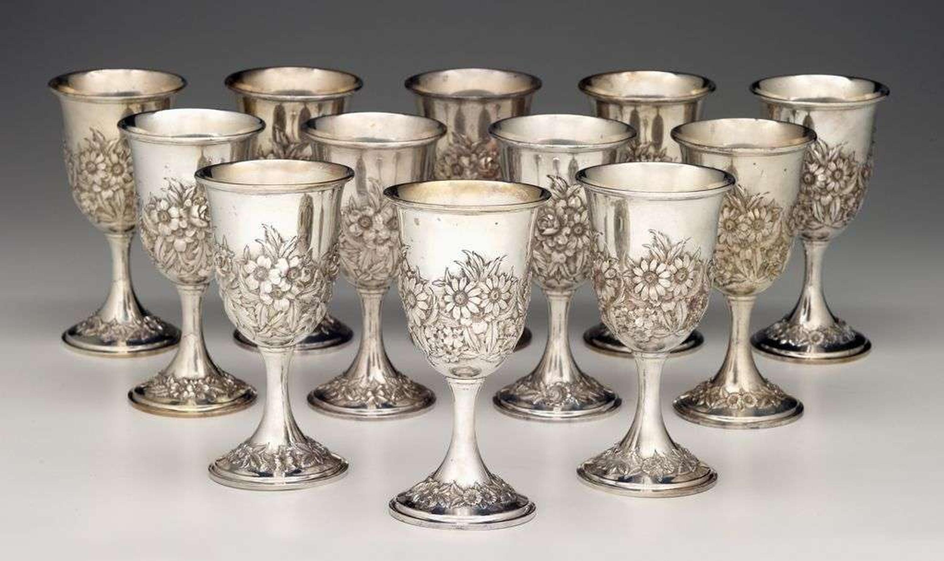 Twelve sterling silver repoussé goblets s. kirk & son, baltimore, md, 19th/20th century