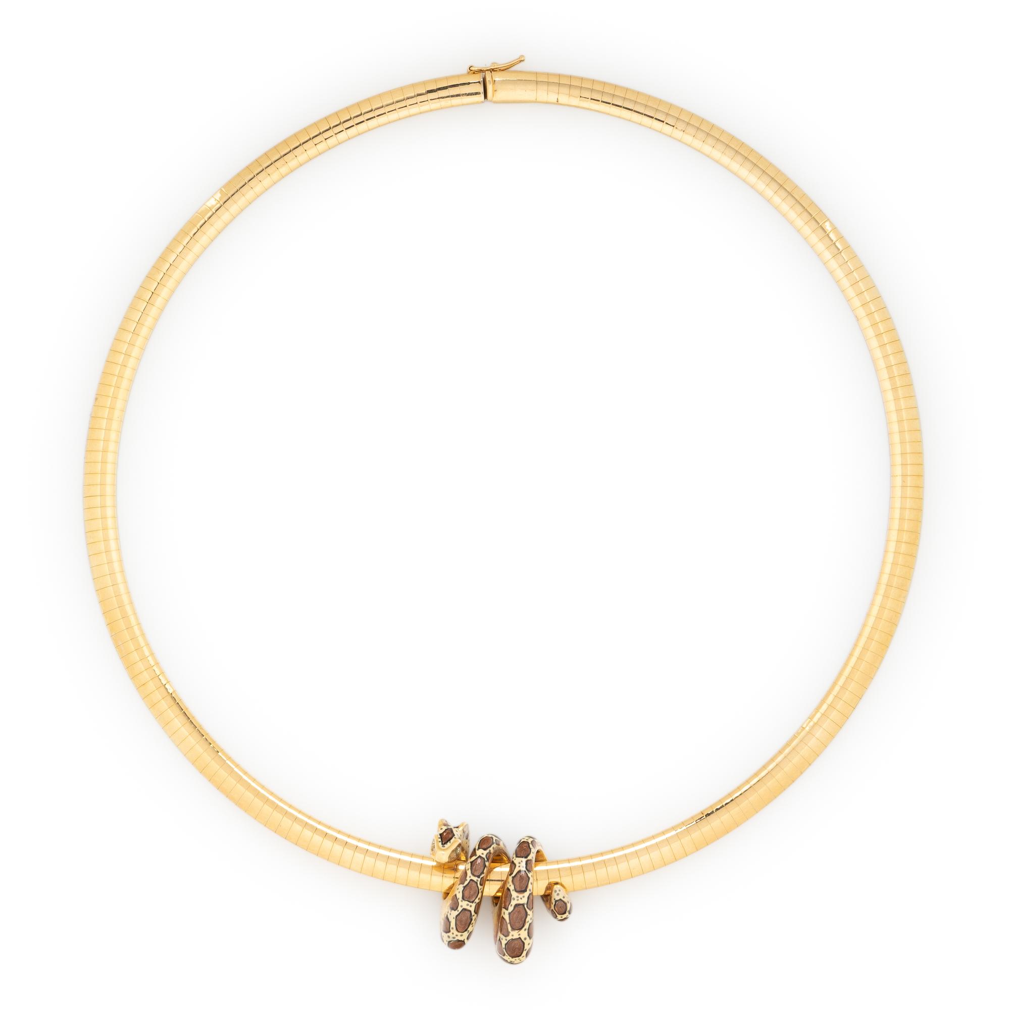 YELLOW GOLD OMEGA NECKLACE WITH SNAKE SLIDE CHARM