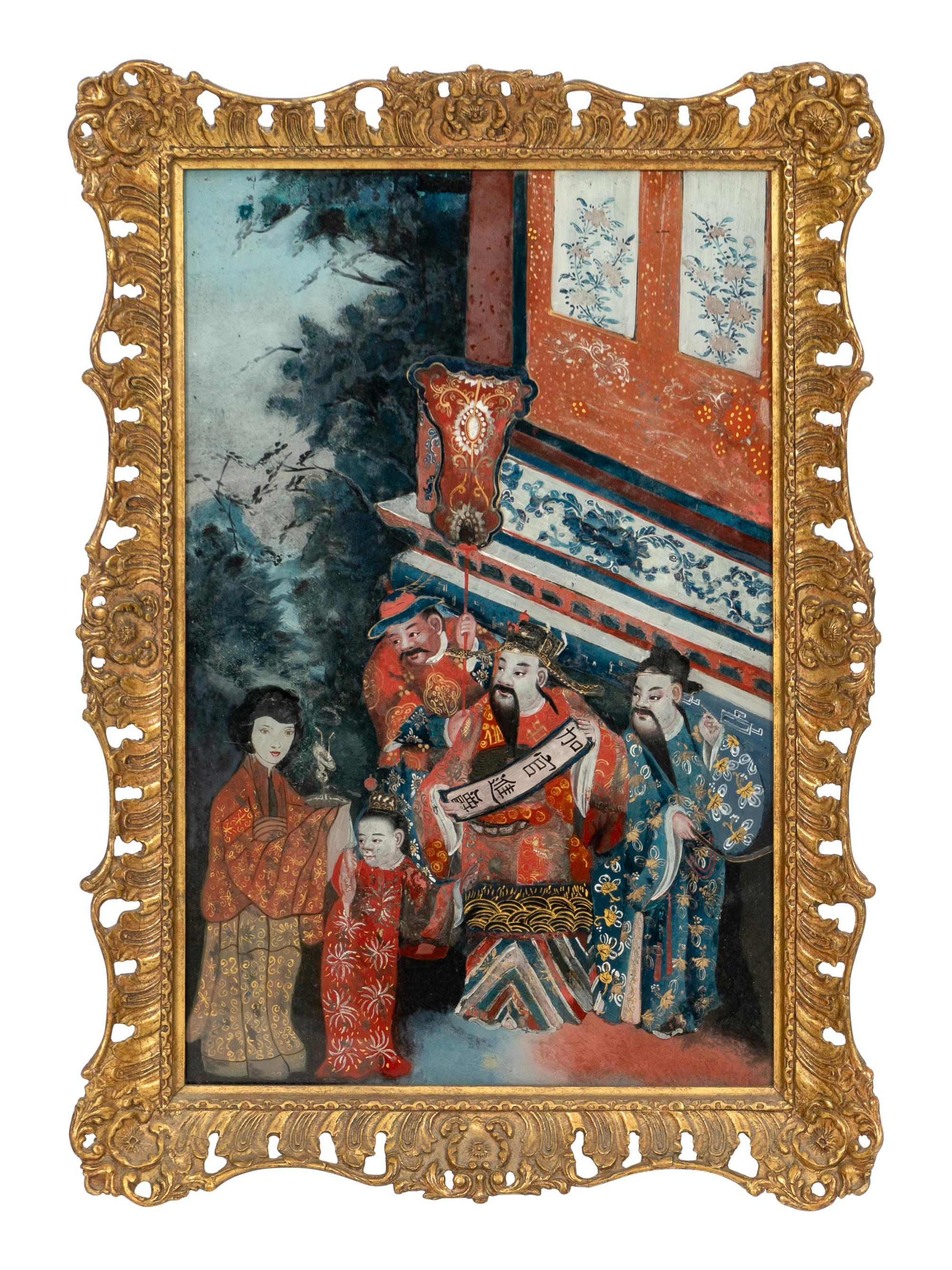 A Chinese Reverse Glass Painting of Fu Lu Shou Immortals