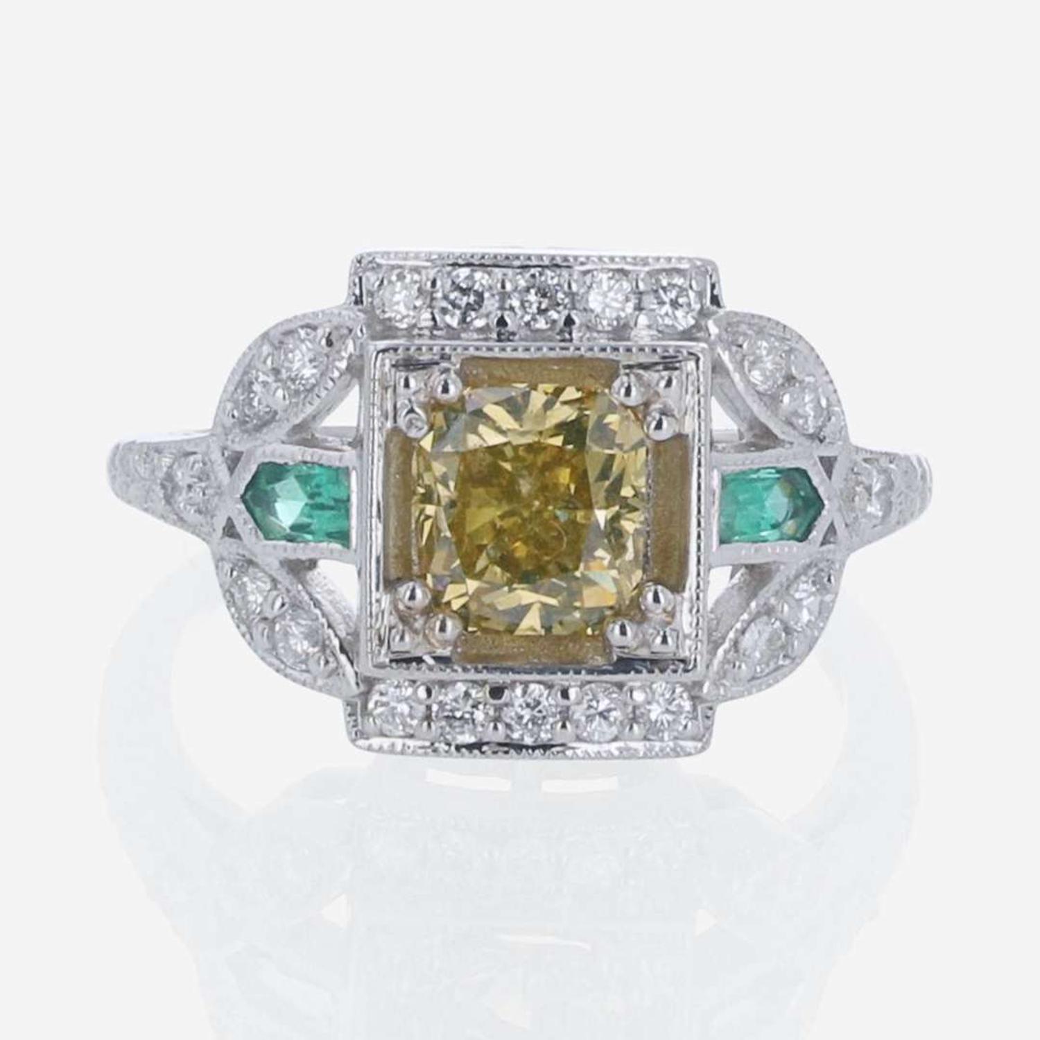 A Colored Diamond, Diamond, Emerald, and 18K White Gold Ring