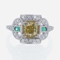 A Colored Diamond, Diamond, Emerald, and 18K White Gold Ring