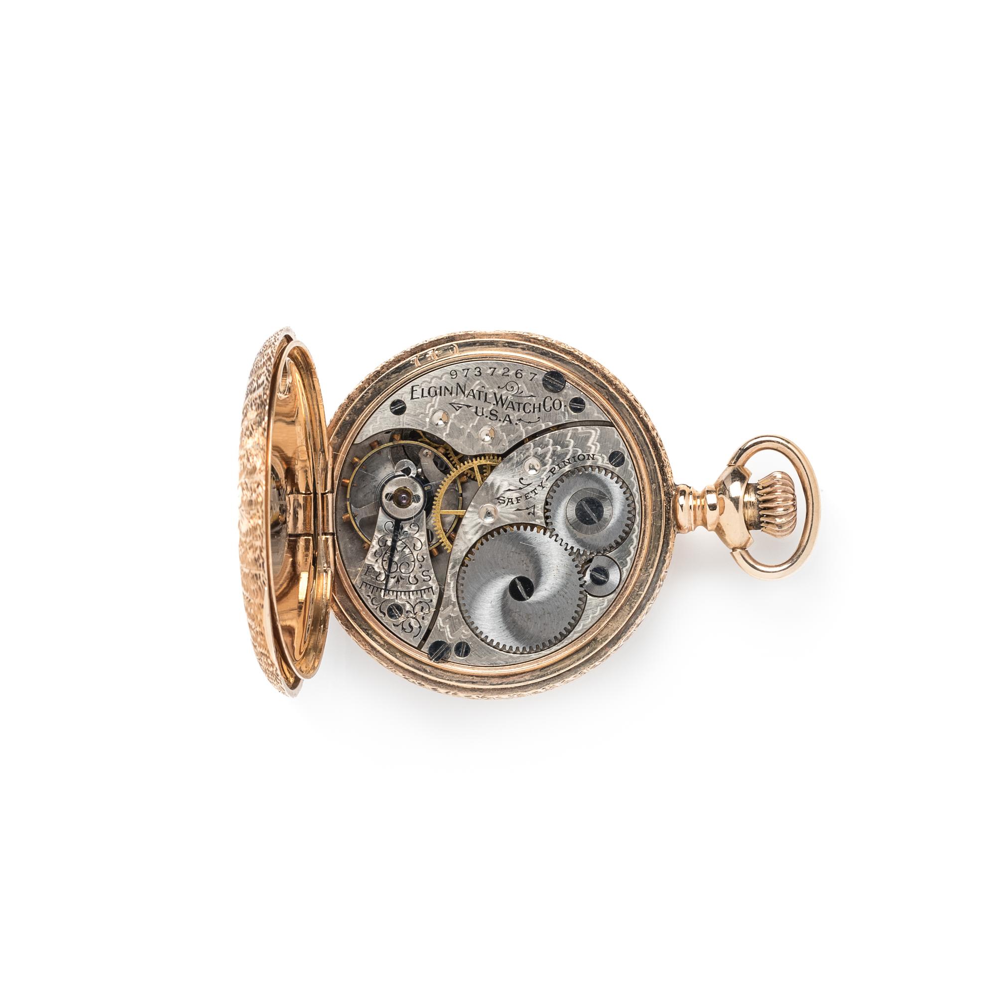 ELGIN, 14K PINK GOLD HUNTER CASE POCKET WATCH AND FOB CHAIN