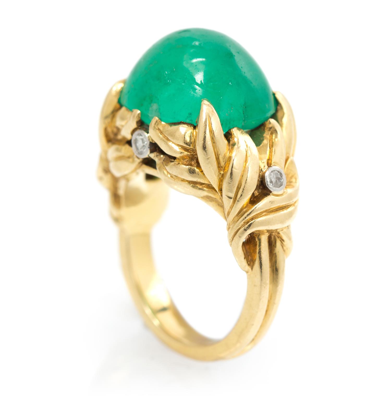 An 18 Karat Yellow Gold, Platinum, Emerald and Diamond Ring, Trabert & Hoeffer-Mauboussin, 11.70 dwts.